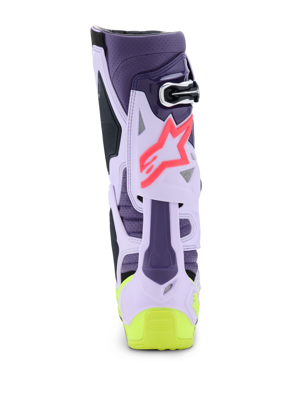 Alpinestars Tech 10 Supervented-stövlar, vy bakifrån, färgställningen Purple Yellow Fluo och Diva Pink, med ventilerad TPU-struktur, rosa stjärnlogotyp och neongul häldetalj, professionella motocross-stövlar