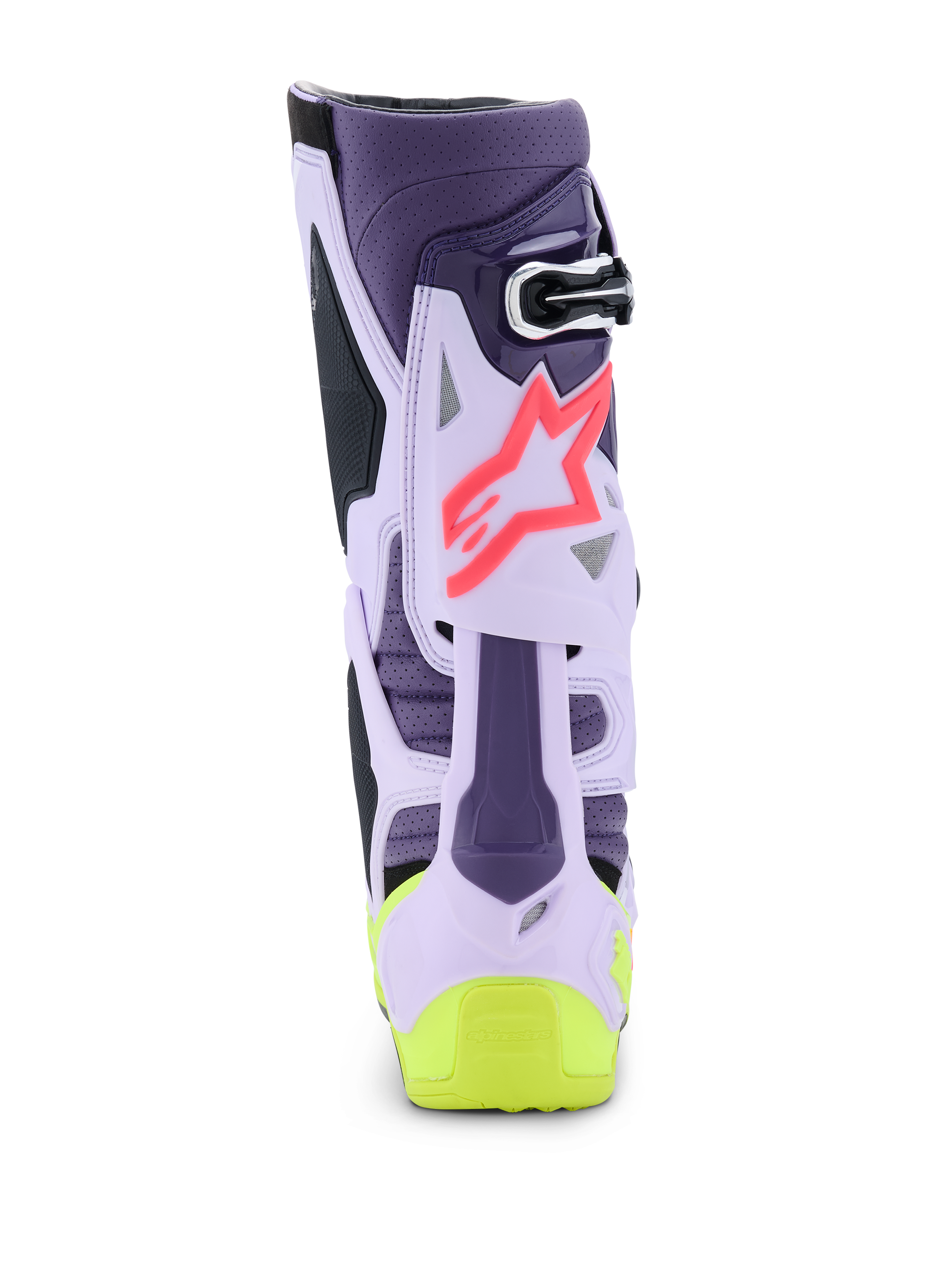 Alpinestars Tech 10 Supervented-stövlar, vy bakifrån, färgställningen Purple Yellow Fluo och Diva Pink, med ventilerad TPU-struktur, rosa stjärnlogotyp och neongul häldetalj, professionella motocross-stövlar