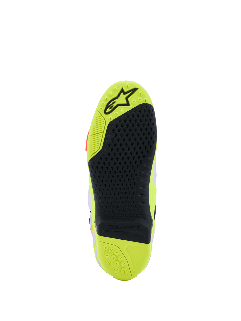 Alpinestars Tech 10 Supervented-stövlar, detaljerad vy av sulan, Yellow Fluo och svart, med ett bikakeformat greppmönster, utbytbar central insats och texturerad yta för grepp på fotpinnar