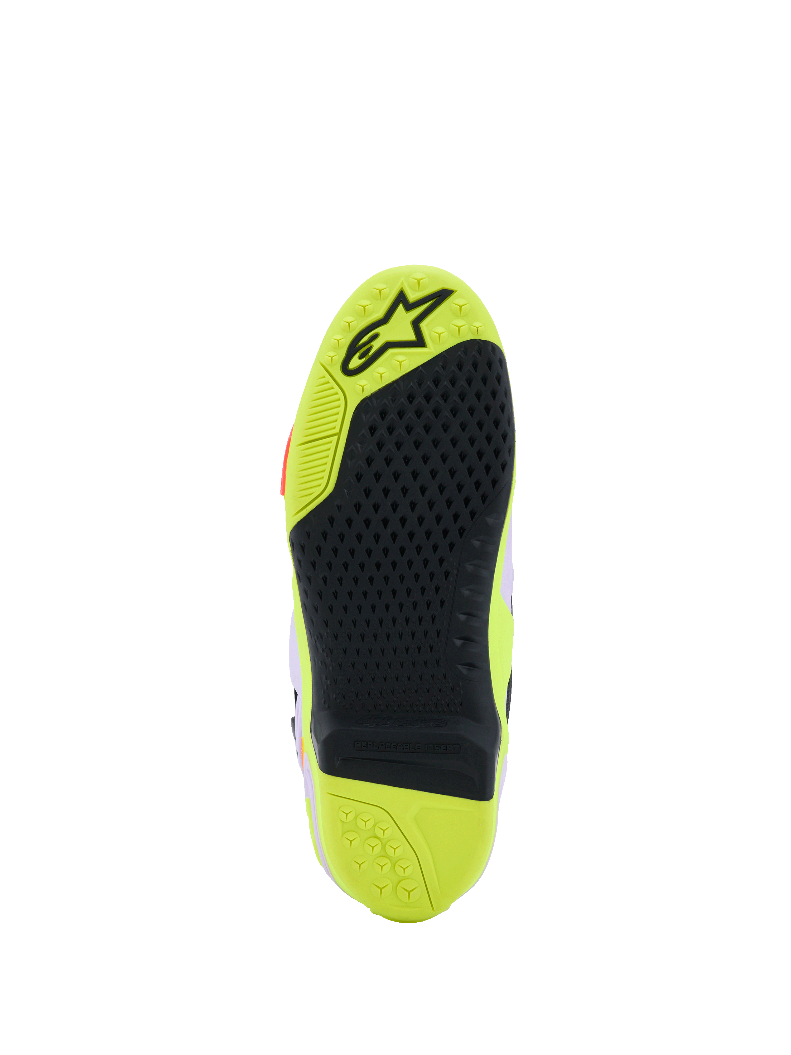 Alpinestars Tech 10 Supervented-stövlar, detaljerad vy av sulan, Yellow Fluo och svart, med ett bikakeformat greppmönster, utbytbar central insats och texturerad yta för grepp på fotpinnar