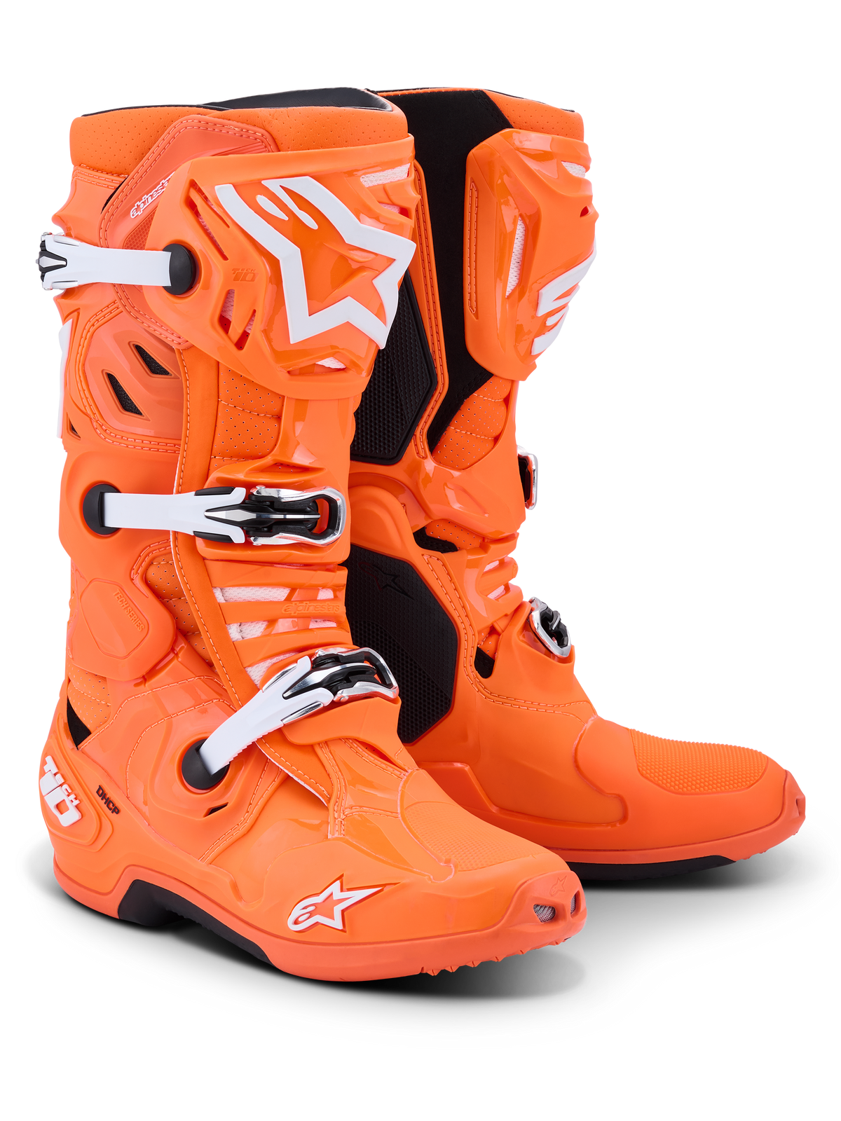 Alpinestars Tech 10 Supervented-stövlar, motocross-stövlar, fluorescerande orange med vita och svarta detaljer, vita justerbara spännen, ventilerad TPU-skenbensplatta, framträdande Alpinestars-logotyp, högpresterande skor för terrängkörning