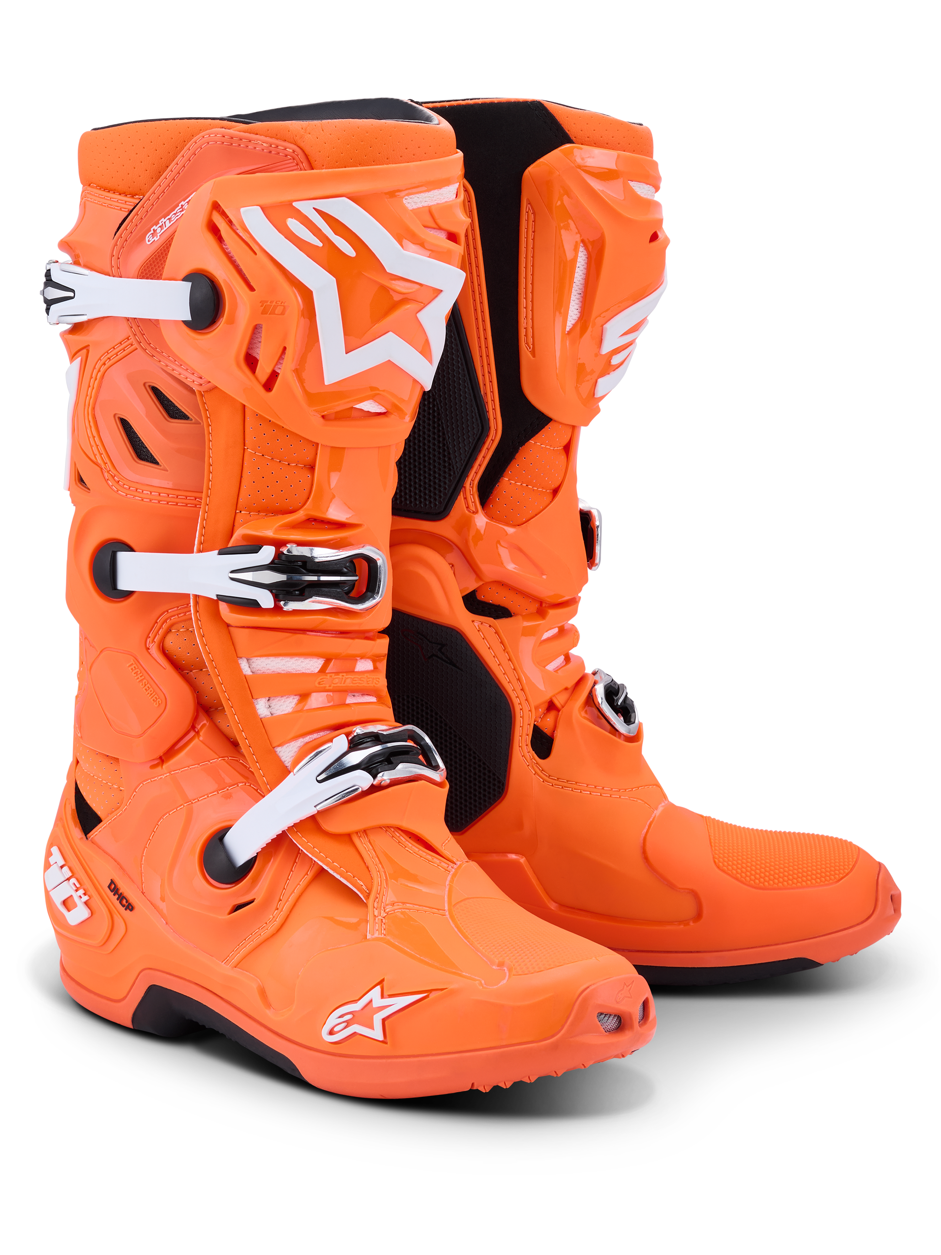 Alpinestars Tech 10 Supervented-stövlar, motocross-stövlar, fluorescerande orange med vita och svarta detaljer, vita justerbara spännen, ventilerad TPU-skenbensplatta, framträdande Alpinestars-logotyp, högpresterande skor för terrängkörning