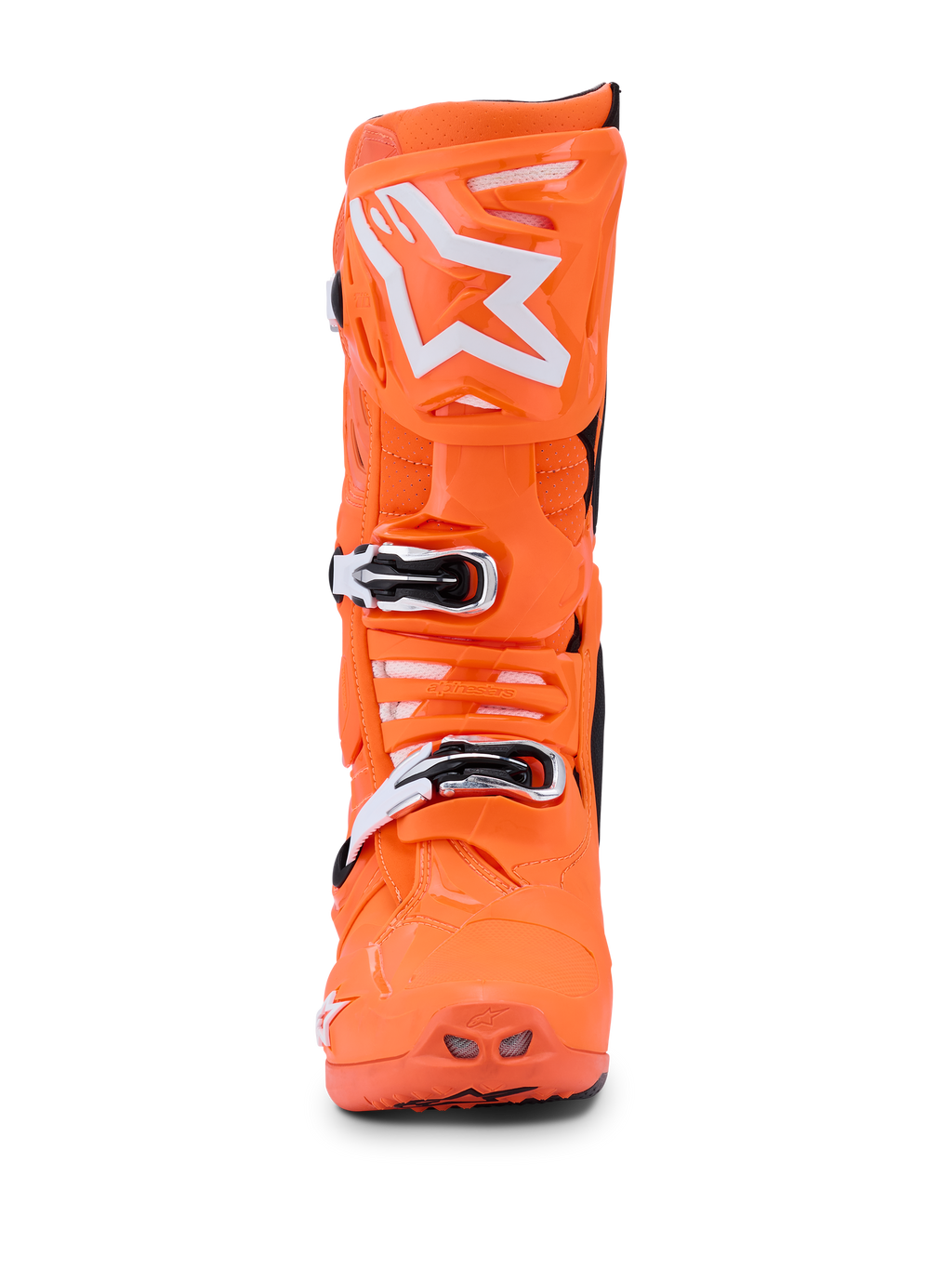 Alpinestars Tech 10 Supervented-stövlar, Orange Fluo Black White, vy framifrån av en enskild lysande neonorange motocross-stövel, vit Alpinestars-stjärnlogotyp på skenbensplattan, mekaniska spännen och perforerade ventilationsöppningar för terrängprestanda.