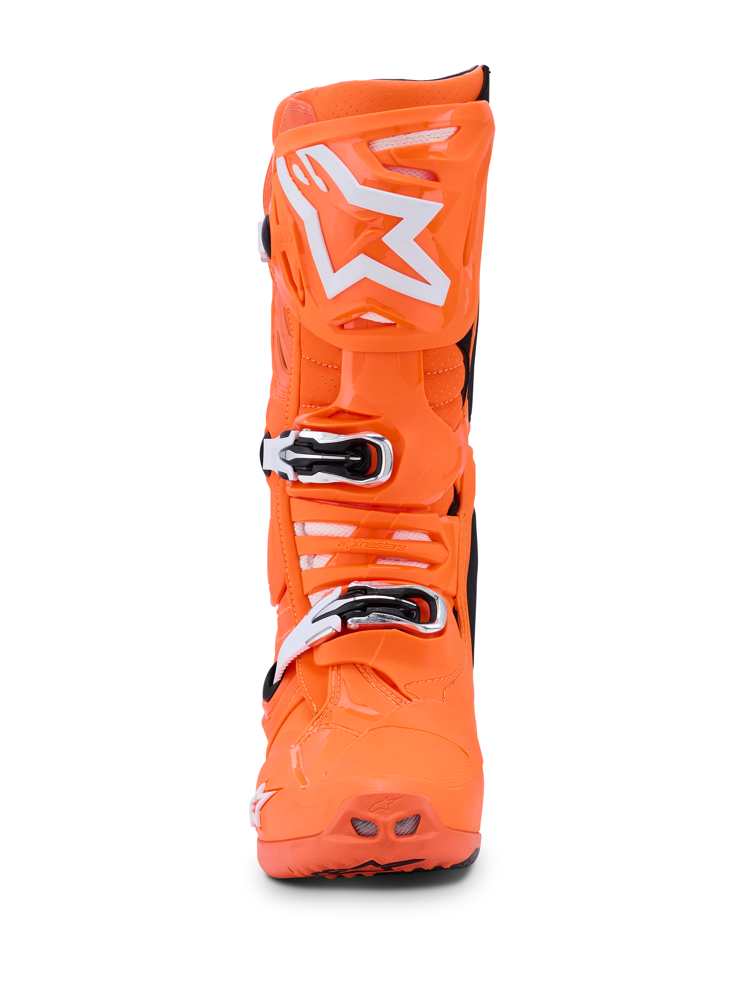 Alpinestars Tech 10 Supervented-stövlar, Orange Fluo Black White, vy framifrån av en enskild lysande neonorange motocross-stövel, vit Alpinestars-stjärnlogotyp på skenbensplattan, mekaniska spännen och perforerade ventilationsöppningar för terrängprestanda.