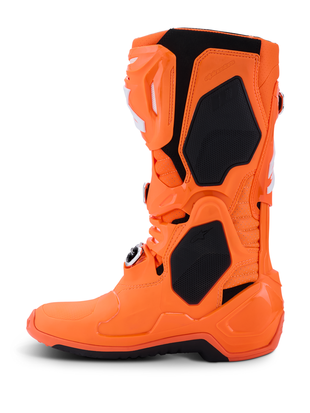 Alpinestars Tech 10 Supervented-stövlar, motocross-stövlar, fluorescerande orange och svart, sidoprofil, med ventilerat TPU-skal, meshpaneler för luftflöde och justerbart spännsystem, högpresterande racingutrustning för terrängkörning