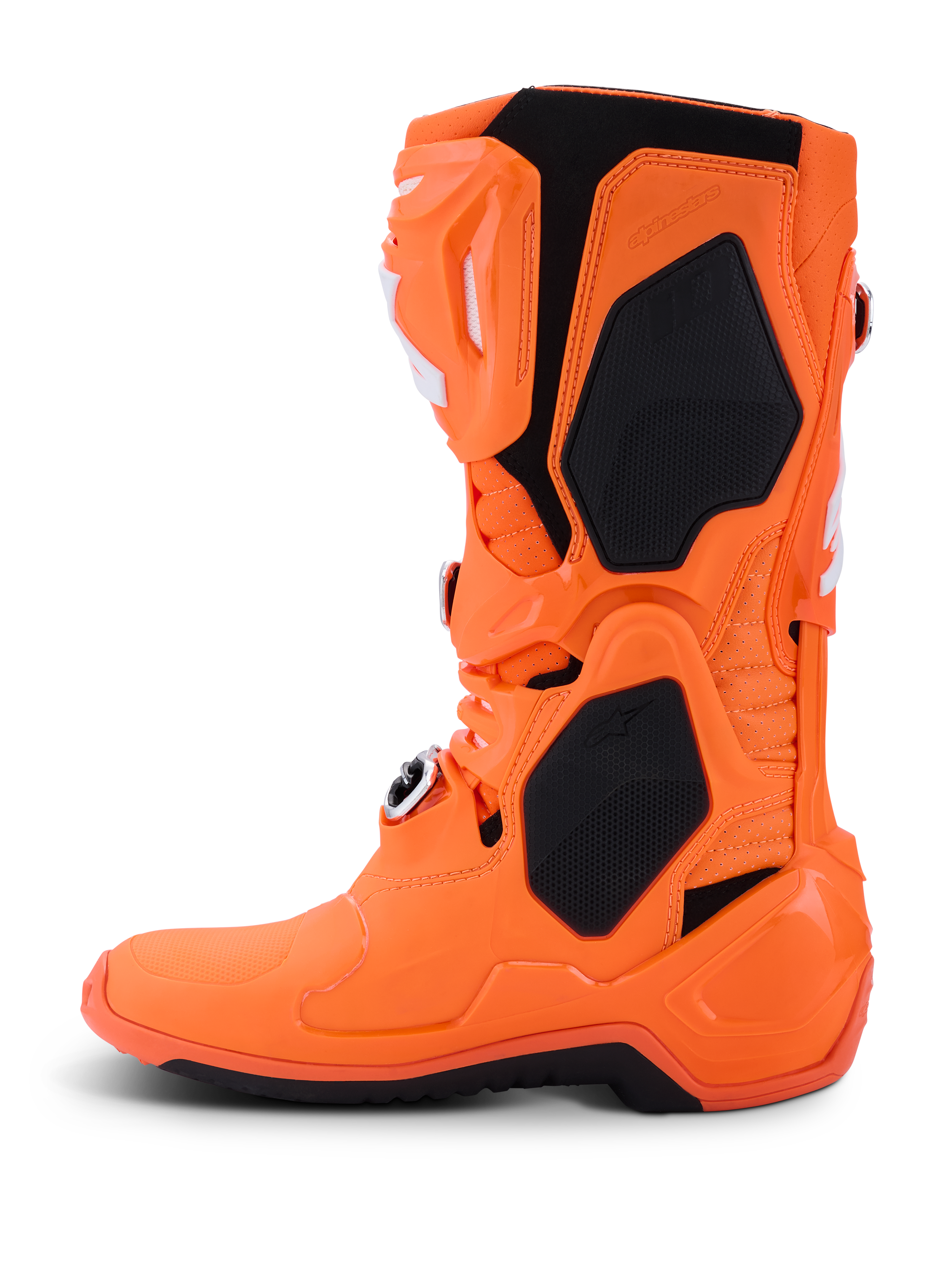 Alpinestars Tech 10 Supervented-stövlar, motocross-stövlar, fluorescerande orange och svart, sidoprofil, med ventilerat TPU-skal, meshpaneler för luftflöde och justerbart spännsystem, högpresterande racingutrustning för terrängkörning