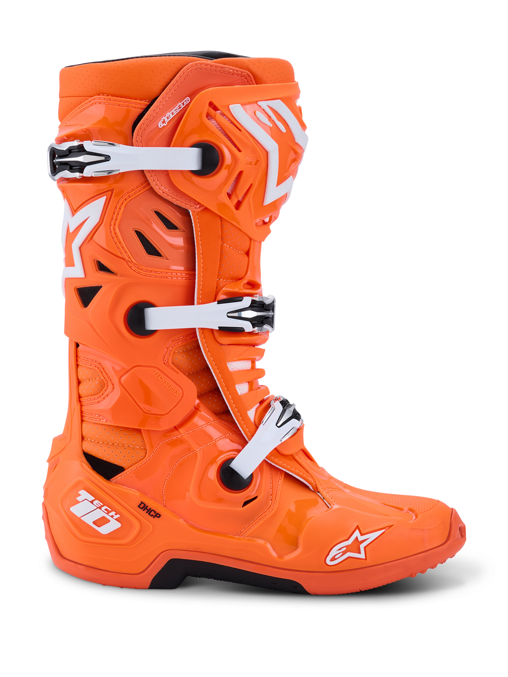 Alpinestars Tech 10 Supervented-stövlar, motocross-stövlar, orange fluo och vit, profilvy som visar vita mekaniska spännen och svarta detaljer, ventilerad design med perforerade paneler, förstklassiga skyddande racingstövlar