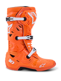Alpinestars Tech 10 Supervented-stövlar, motocross-stövlar, orange fluo och vit, profilvy som visar vita mekaniska spännen och svarta detaljer, ventilerad design med perforerade paneler, förstklassiga skyddande racingstövlar