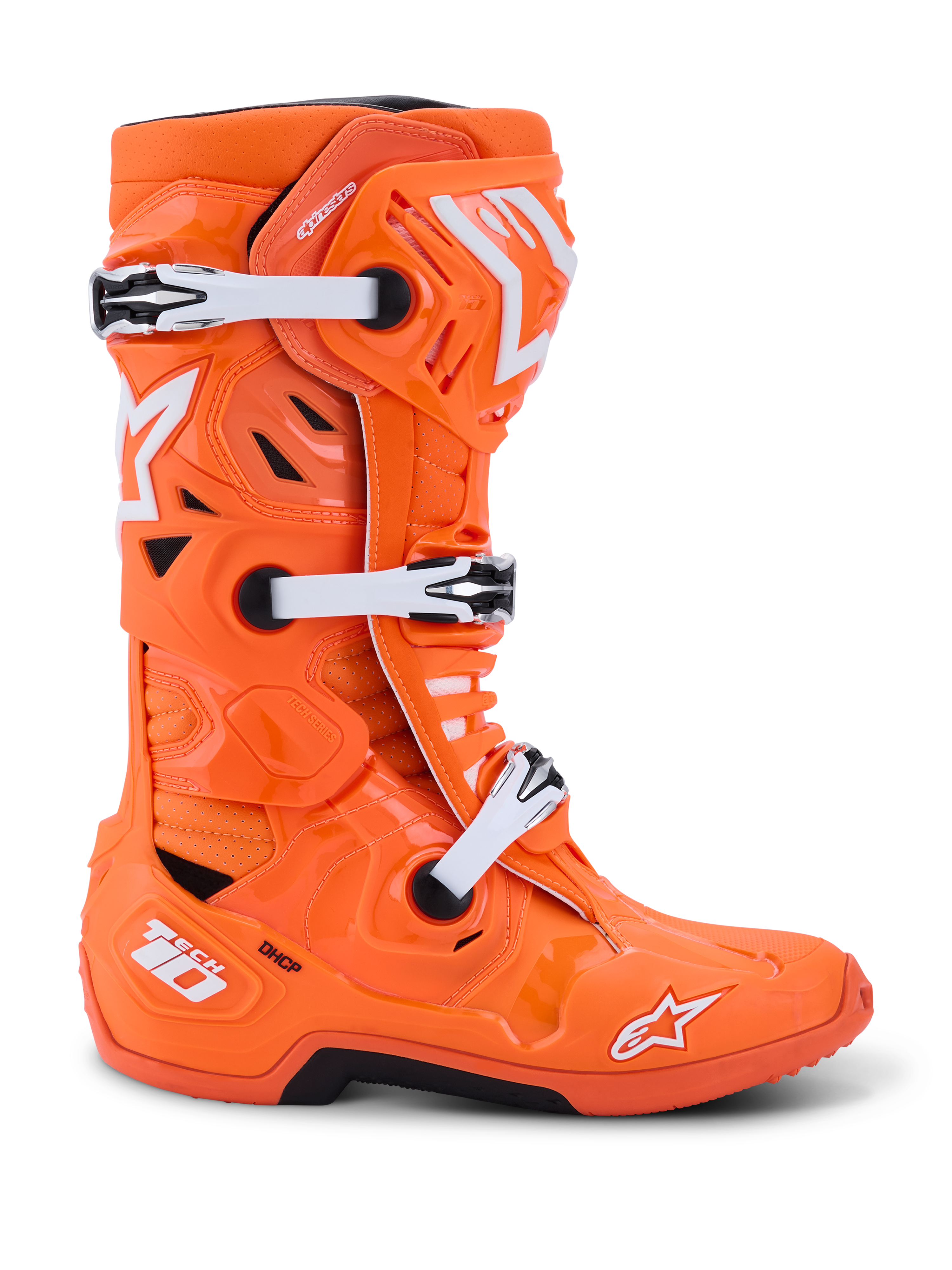 Alpinestars Tech 10 Supervented-stövlar, motocross-stövlar, orange fluo och vit, profilvy som visar vita mekaniska spännen och svarta detaljer, ventilerad design med perforerade paneler, förstklassiga skyddande racingstövlar