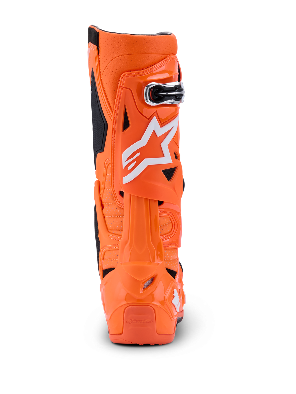 Alpinestars Tech 10 Supervented-stövlar, Orange Fluo Black White, vy bakifrån som visar den bakre profilen, styvt TPU-skal med vit Alpinestars-logotyp, professionella motocross-stövlar för hög prestanda