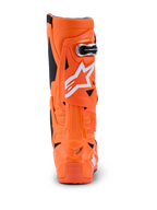 Alpinestars Tech 10 Supervented-stövlar, Orange Fluo Black White, vy bakifrån som visar den bakre profilen, styvt TPU-skal med vit Alpinestars-logotyp, professionella motocross-stövlar för hög prestanda