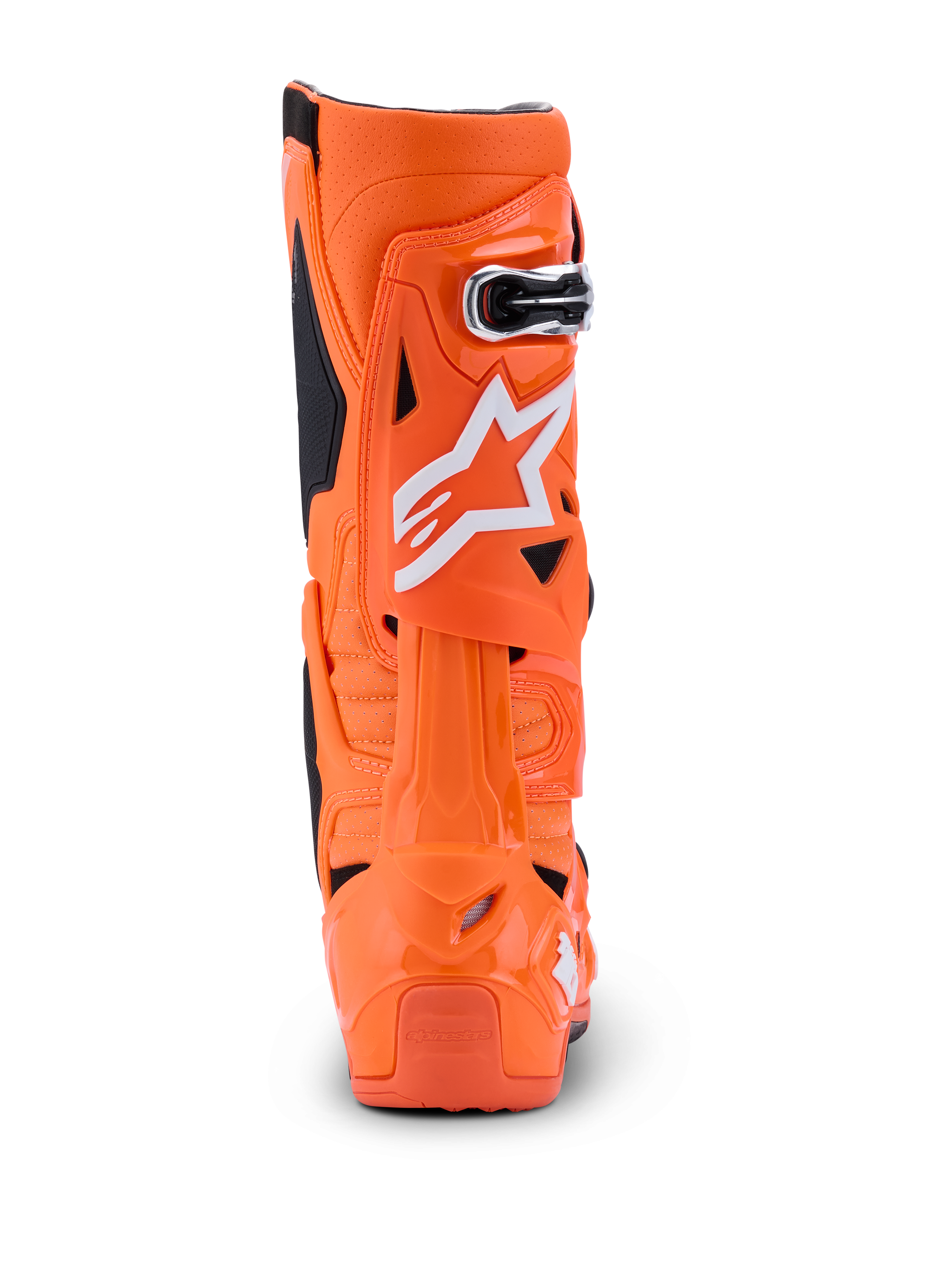 Alpinestars Tech 10 Supervented-stövlar, Orange Fluo Black White, vy bakifrån som visar den bakre profilen, styvt TPU-skal med vit Alpinestars-logotyp, professionella motocross-stövlar för hög prestanda