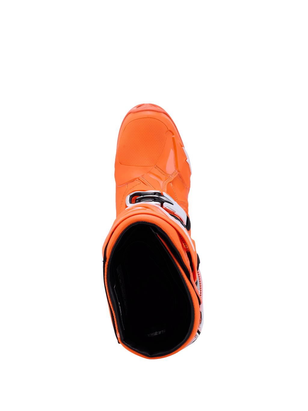 Alpinestars Tech 10 Supervented-stövlar, Orange Fluo, svart och vit, vy uppifrån som blickar in i stövelns interiör, visar den strukturerade tåboxen och sidospännena, avancerade racingstövlar för motocross