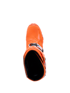 Alpinestars Tech 10 Supervented-stövlar, Orange Fluo, svart och vit, vy uppifrån som blickar in i stövelns interiör, visar den strukturerade tåboxen och sidospännena, avancerade racingstövlar för motocross