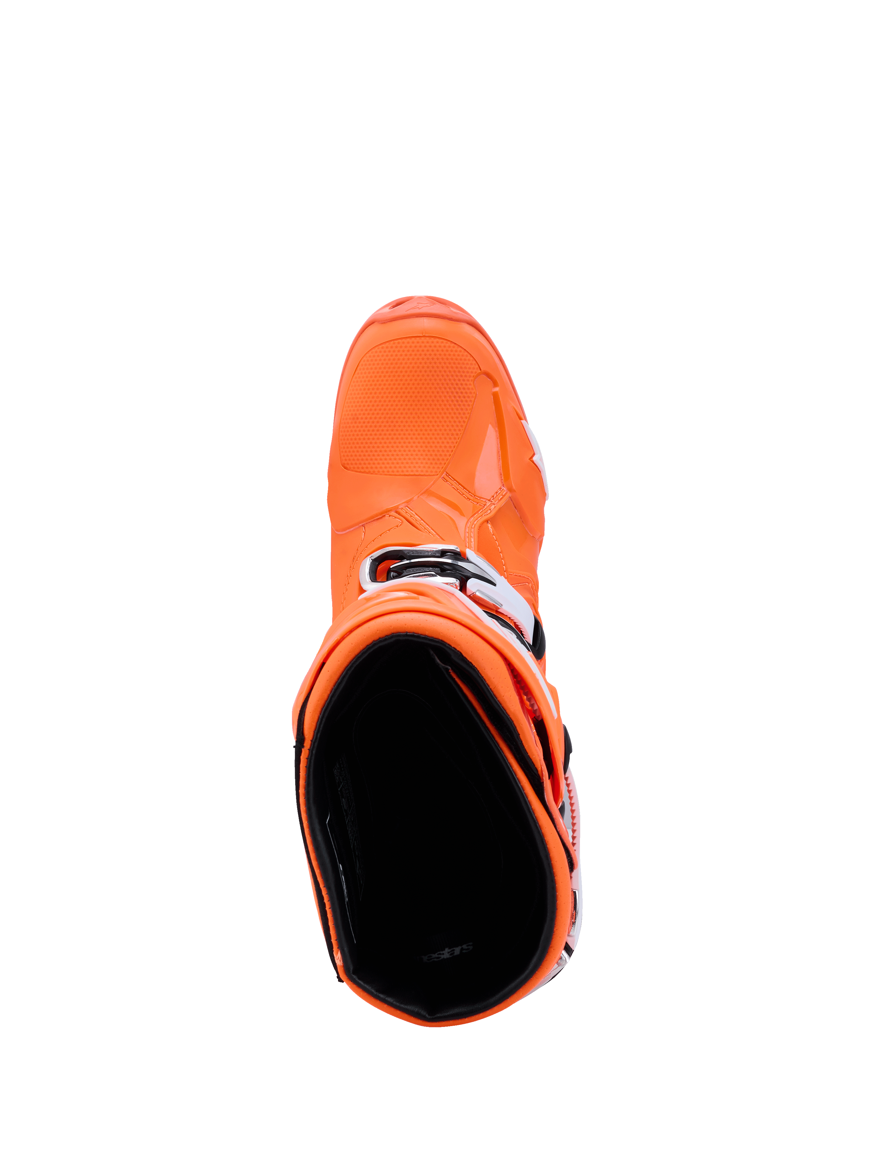 Alpinestars Tech 10 Supervented-stövlar, Orange Fluo, svart och vit, vy uppifrån som blickar in i stövelns interiör, visar den strukturerade tåboxen och sidospännena, avancerade racingstövlar för motocross