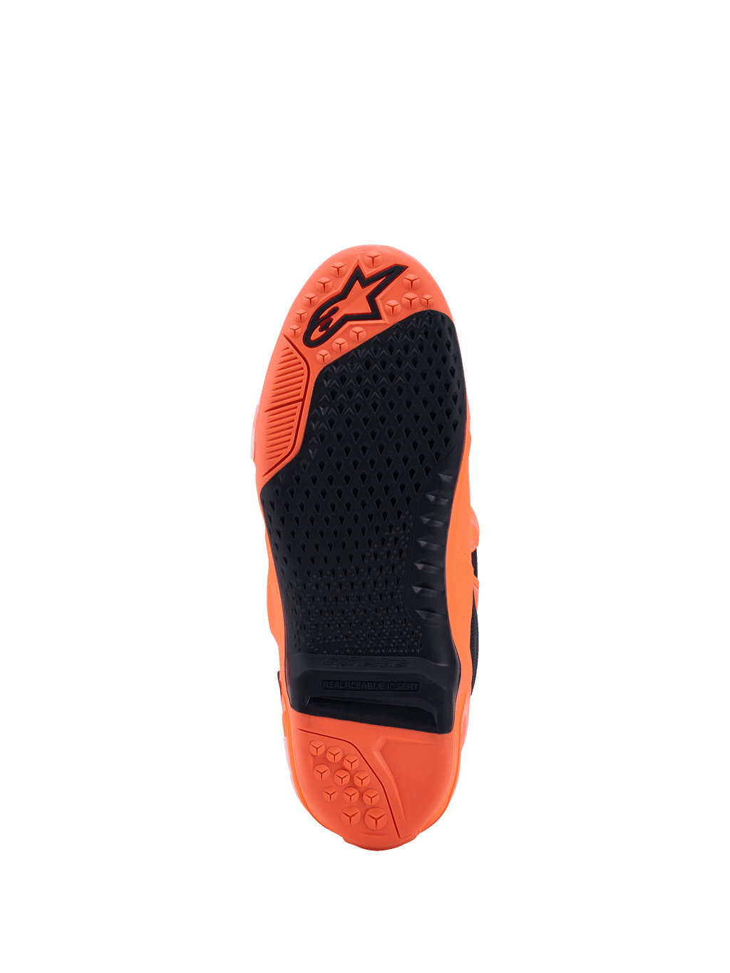 Alpinestars Tech 10 Supervented-stövlar, Orange Fluo och svart, vy av sulan med ett texturerat svart gummigrepp, utbytbar mittinsats och präglad logotyp på den orangea slitbanan, designade för motocrossprestanda