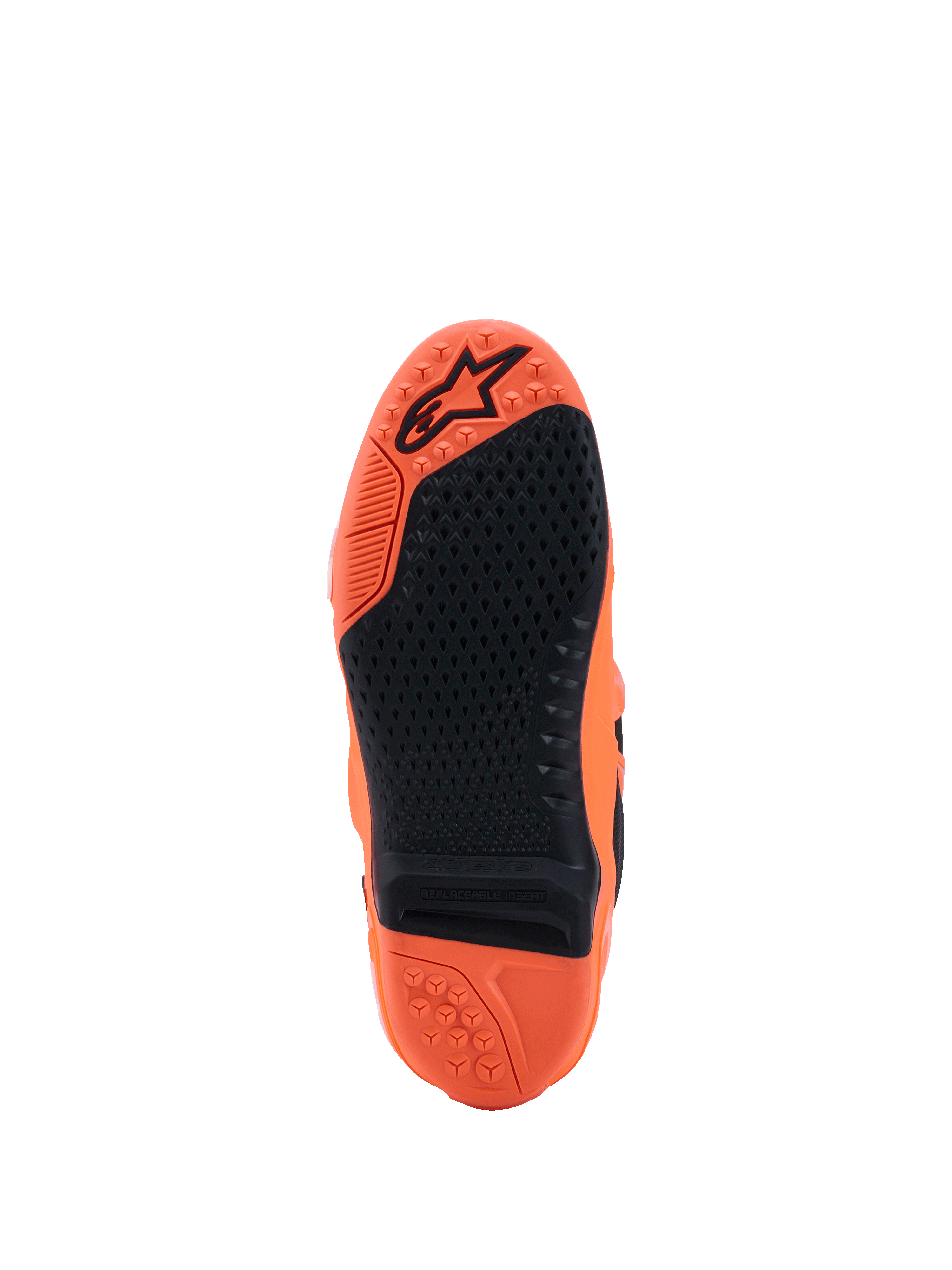 Alpinestars Tech 10 Supervented-stövlar, Orange Fluo och svart, vy av sulan med ett texturerat svart gummigrepp, utbytbar mittinsats och präglad logotyp på den orangea slitbanan, designade för motocrossprestanda