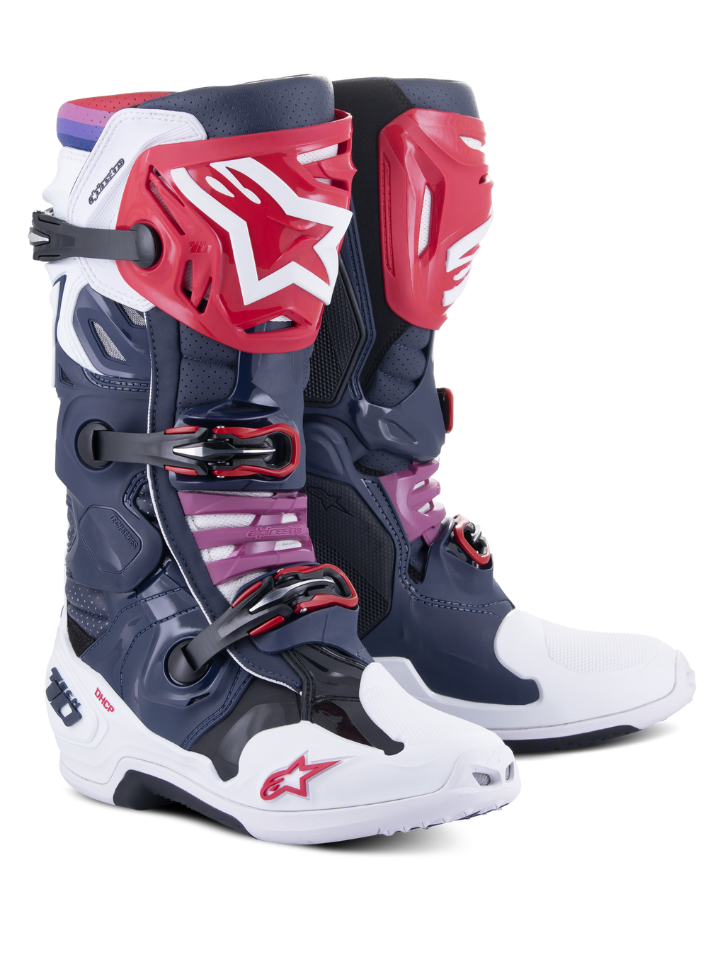 Alpinestars Tech 10 Supervented Boots, Motocross Boots, Night Navy White Rainbow, featuring red shin plates with a white star logo, multiple black buckles, and perforated mesh panels for high airflow.