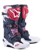 Alpinestars Tech 10 Supervented Boots, Motocross Boots, Night Navy White Rainbow, featuring red shin plates with a white star logo, multiple black buckles, and perforated mesh panels for high airflow.