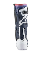 Alpinestars Tech 10 Supervented Boots, Motocross Boots, Night Navy White Rainbow, rear-facing view showing the navy and white TPU structure with a vibrant rainbow gradient at the top, featuring the white Astars logo and ventilated panels for off-road performance.