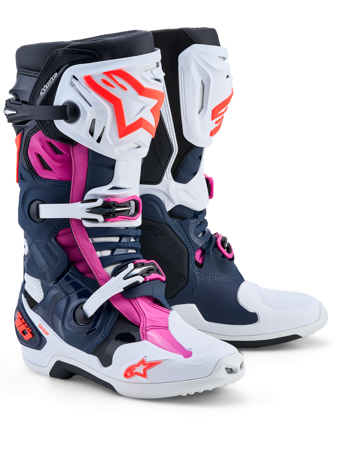 Alpinestars Tech-10 Supervented stövlar, motocrossstövlar för herr, mörkblå, vita och fuchsia, ventilerade TPU-skal, högpresterande skyddsutrustning för terrängkörning