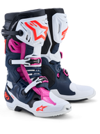 Alpinestars Tech-10 Supervented Men's Motocross Boots, dark blue, white, and fuchsia with ventilated TPU shells.