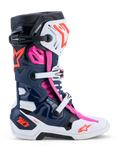 Alpinestars Tech-10 Supervented-stövlar i mörkblått, vitt och fuchsia med avancerad ventilation för motocross-racing.