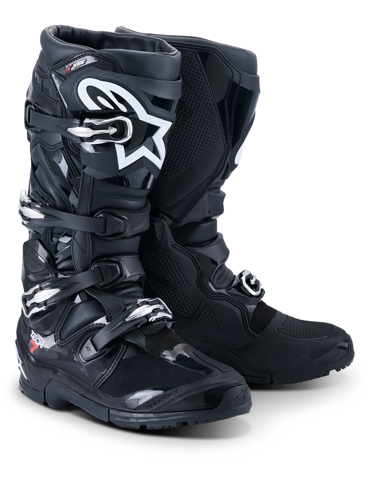 Alpinestars 2026 Tech 7 Enduro Drystar®-stövlar, professionella motocross- och endurostövlar, svarta, med ett stängningssystem med fyra spännen, vit Astar-logotyp på smalbenet, robusta TPU-skyddspaneler och en specialiserad sula för grepp i terräng.