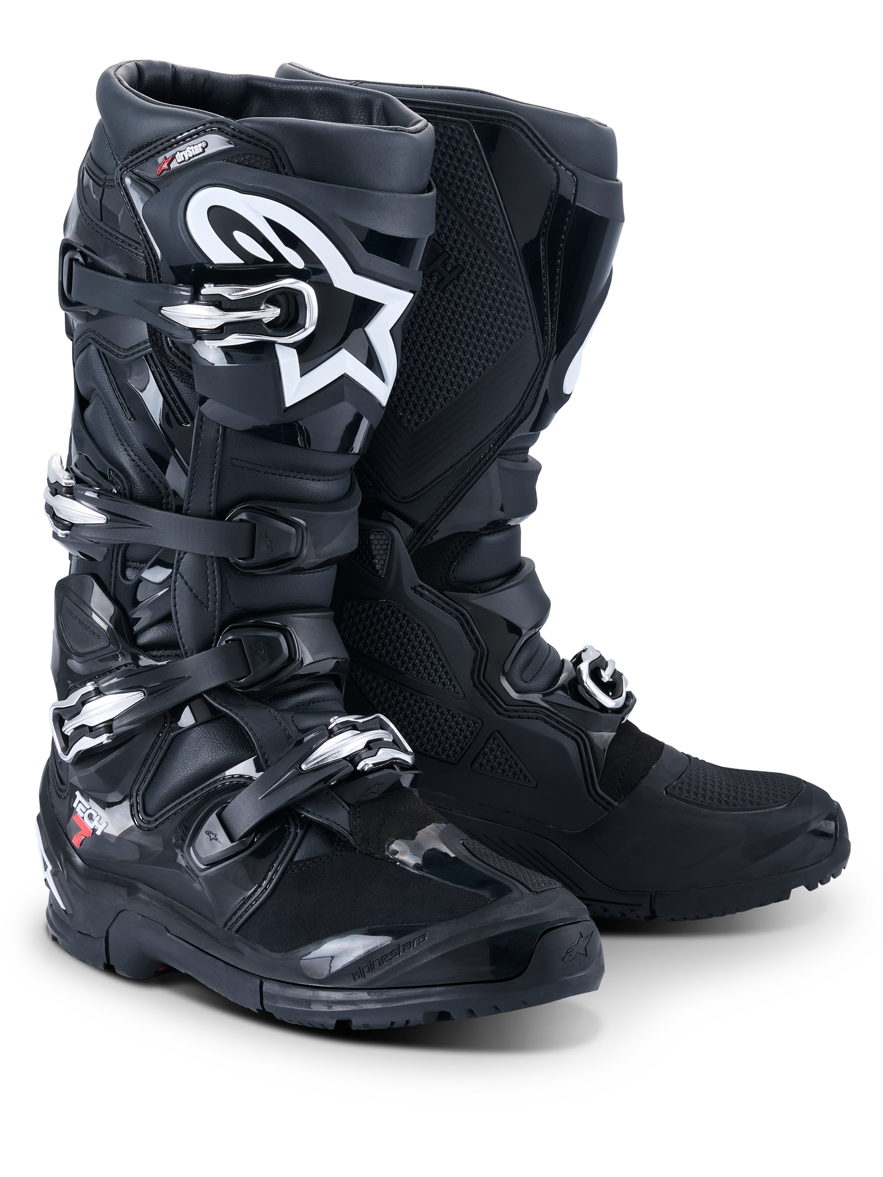 Alpinestars 2026 Tech 7 Enduro Drystar®-stövlar, professionella motocross- och endurostövlar, svarta, med ett stängningssystem med fyra spännen, vit Astar-logotyp på smalbenet, robusta TPU-skyddspaneler och en specialiserad sula för grepp i terräng.