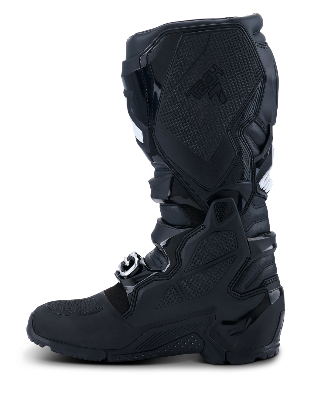 Alpinestars 2026 Tech 7 Enduro Drystar®-stövlar, svarta, medial profilvy med omfattande TPU-skydd, dubbelt pivotsystem och specialiserade strukturerade greppaneler för kontroll över cykeln, vattentät konstruktion för offroad- och endurokörning