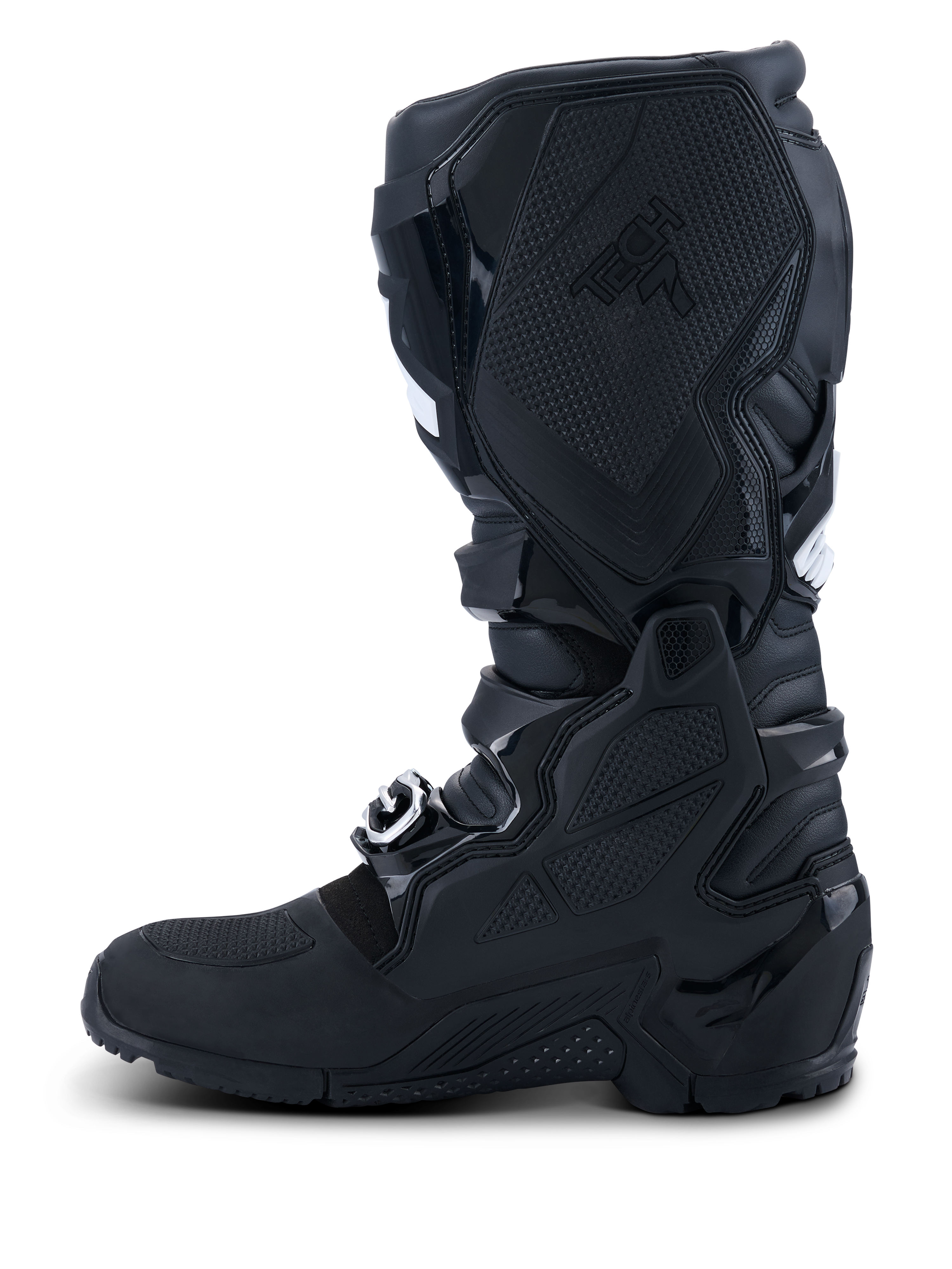 Alpinestars 2026 Tech 7 Enduro Drystar®-stövlar, svarta, medial profilvy med omfattande TPU-skydd, dubbelt pivotsystem och specialiserade strukturerade greppaneler för kontroll över cykeln, vattentät konstruktion för offroad- och endurokörning