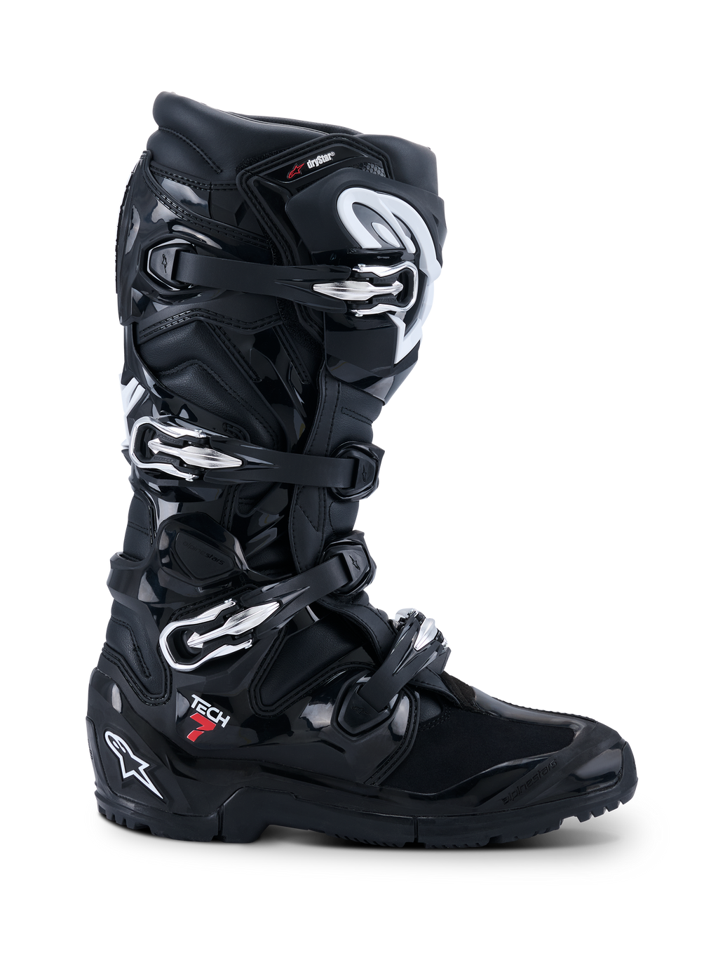 Alpinestars 2026 Tech 7 Enduro Drystar®-stövlar, svarta motorcykelstövlar för terrängkörning, profilvy med fyra silverfärgade spännen, robust dubbelkomponentsula för enduro och omfattande TPU-skydd med matt och blank svart finish.