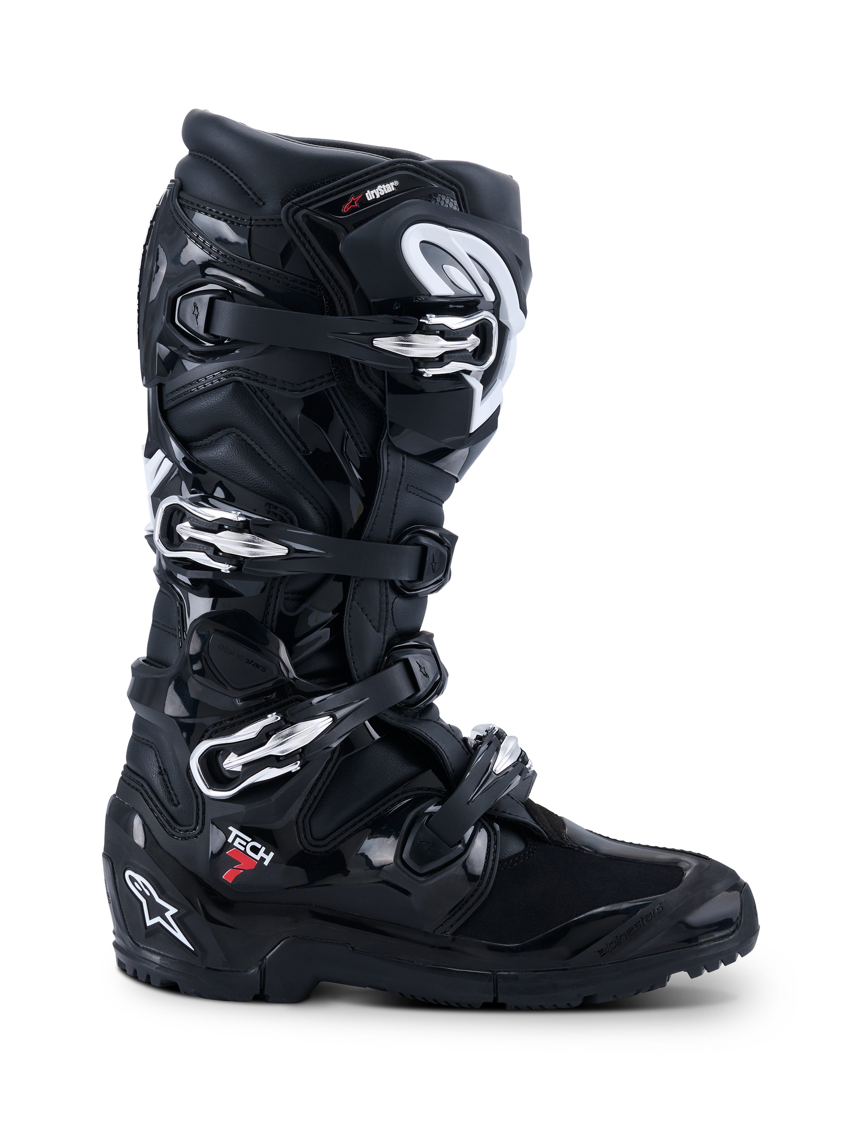 Alpinestars 2026 Tech 7 Enduro Drystar®-stövlar, svarta motorcykelstövlar för terrängkörning, profilvy med fyra silverfärgade spännen, robust dubbelkomponentsula för enduro och omfattande TPU-skydd med matt och blank svart finish.