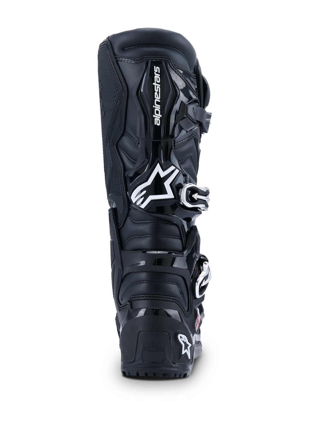Alpinestars 2026 Tech 7 Enduro Drystar®-stövlar, motocross-stövlar, svarta, vy bakifrån med vit Alpinestars-logotyp på vaden, hållbara TPU-skyddspaneler och robust konstruktion för terräng- och endurokörning