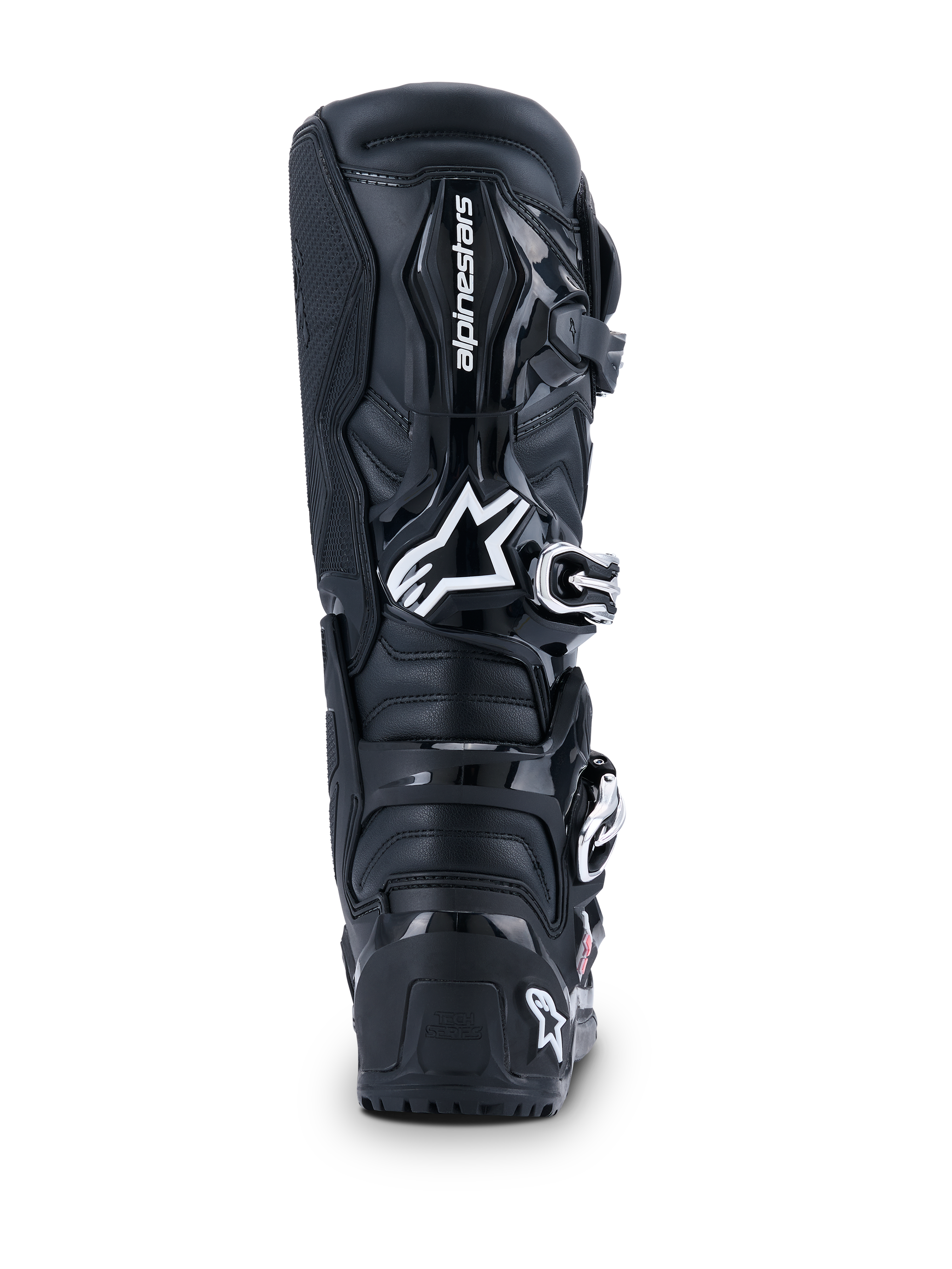 Alpinestars 2026 Tech 7 Enduro Drystar®-stövlar, motocross-stövlar, svarta, vy bakifrån med vit Alpinestars-logotyp på vaden, hållbara TPU-skyddspaneler och robust konstruktion för terräng- och endurokörning