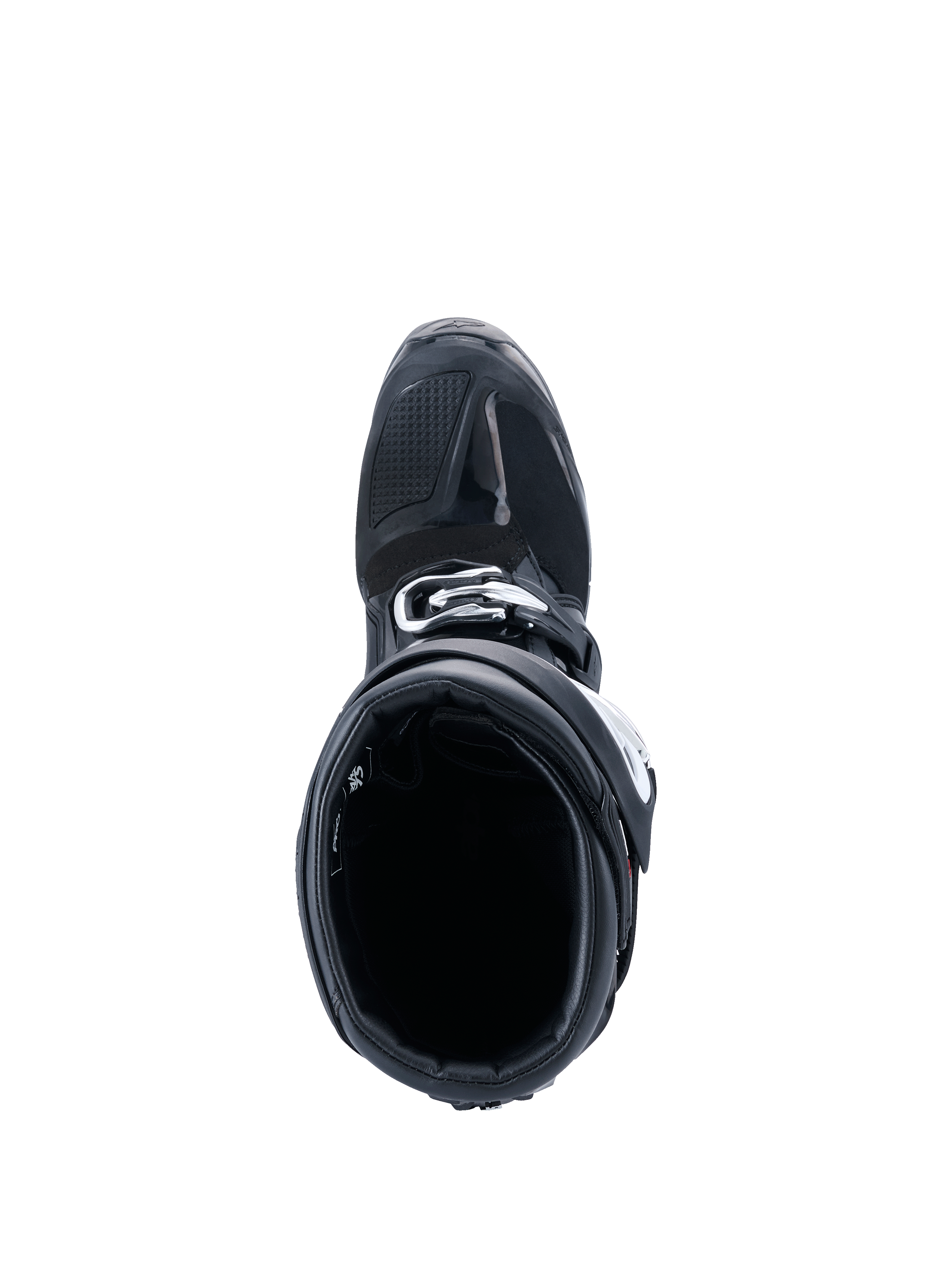 Alpinestars 2026 Tech 7 Enduro Drystar®-stövlar, motocross-stövlar, svarta, vy uppifrån in i den inre öppningen, visar den förstärkta tåsektionen och spännet, slitstark skyddsutrustning för terrängkörning