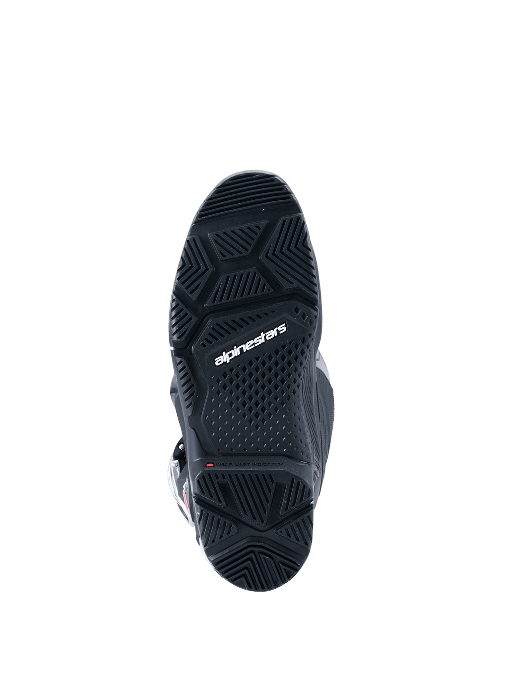 Alpinestars 2026 Tech 7 Enduro Drystar®-stövlar, svarta, vy underifrån av den specialiserade enduro-sulan i dubbelkomponent, med geometriska mönster för grepp i all terräng och vit Alpinestars-logotyp
