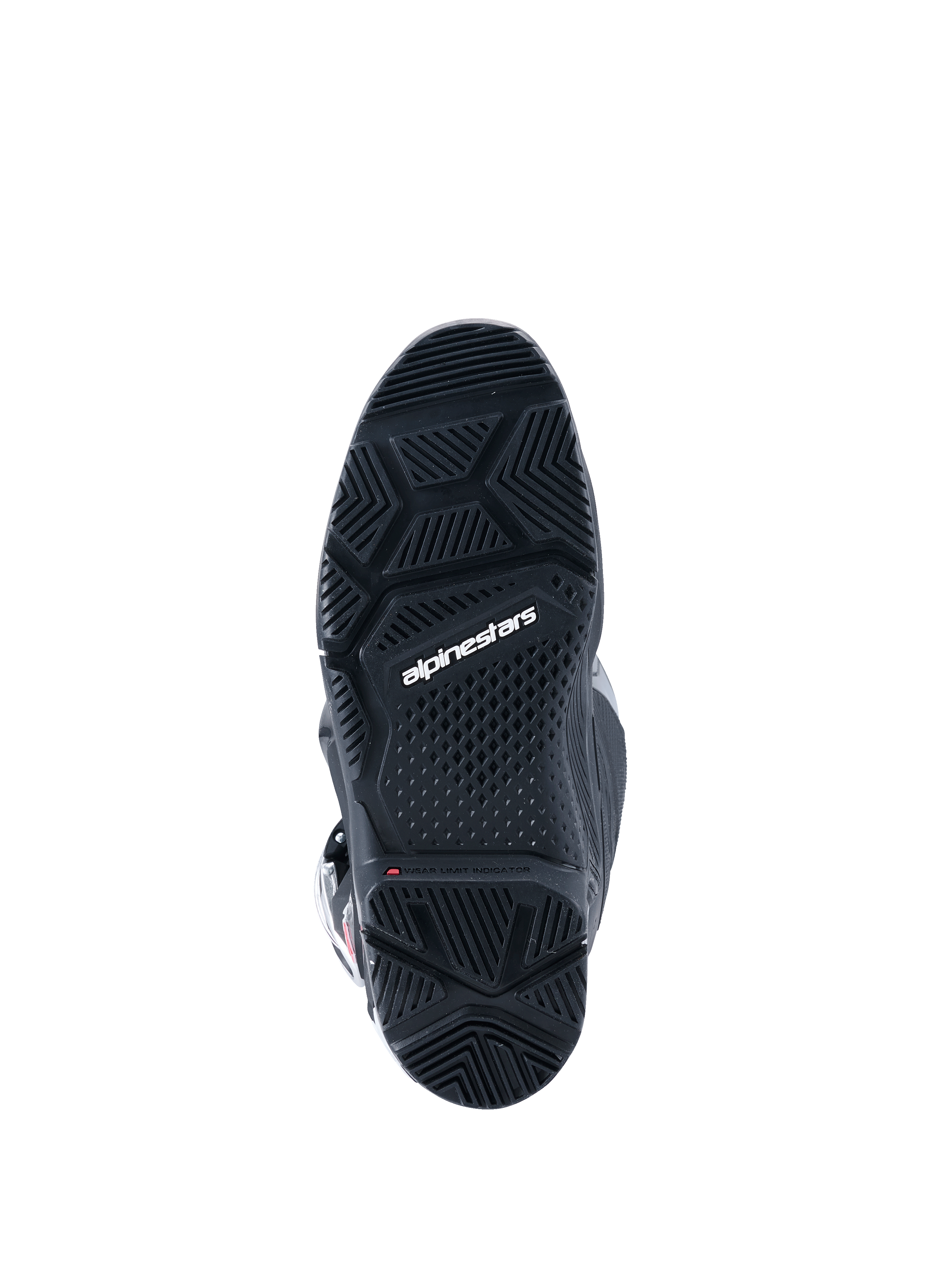 Alpinestars 2026 Tech 7 Enduro Drystar®-stövlar, svarta, vy underifrån av den specialiserade enduro-sulan i dubbelkomponent, med geometriska mönster för grepp i all terräng och vit Alpinestars-logotyp