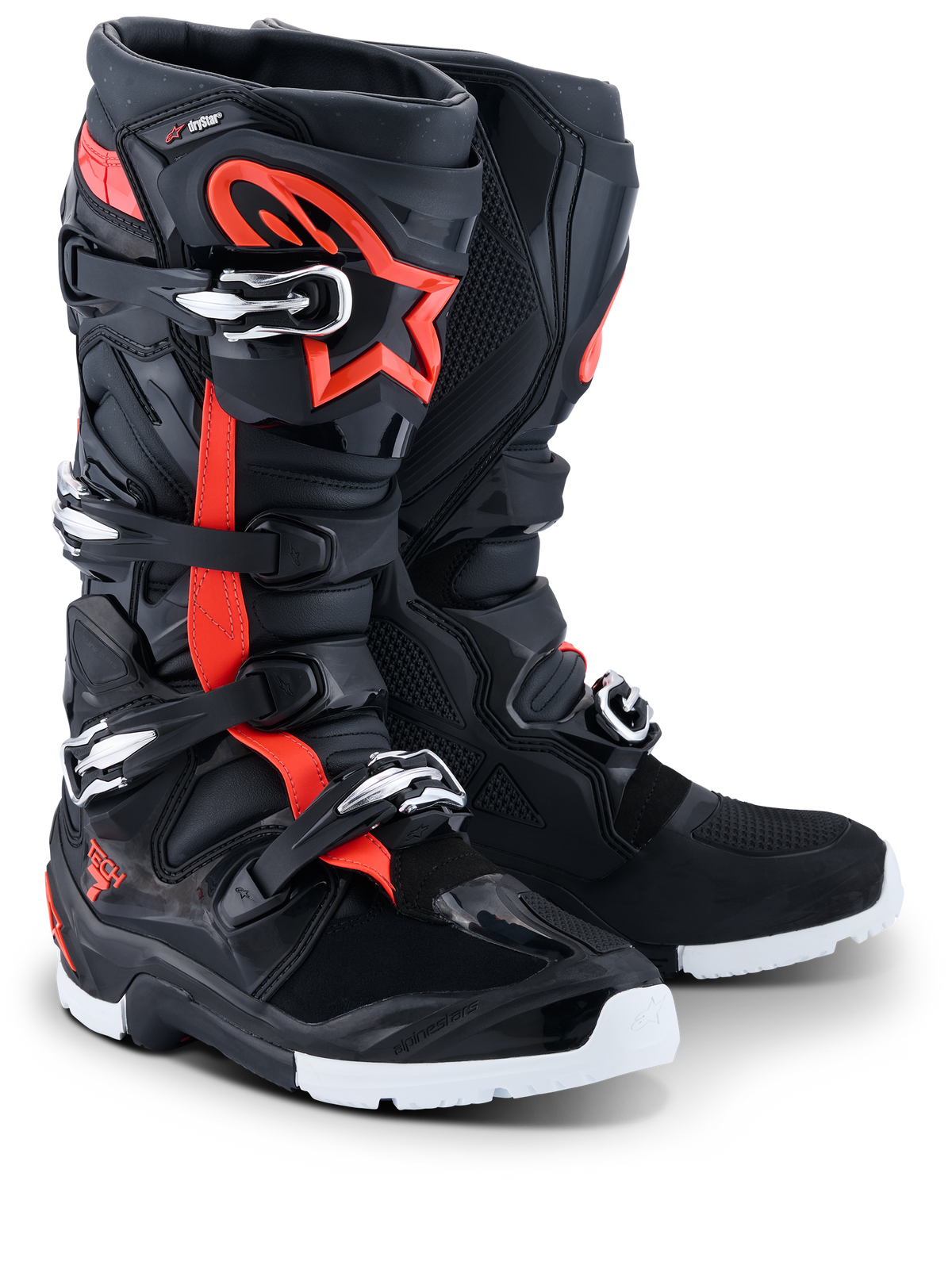 Alpinestars 2026 Tech 7 Enduro Drystar® stövlar, enduro- och motocross-stövlar, svarta med fluorescerande röda accenter och stjärnlogotyp, flera spännen och hållbara vita sulor för terrängkörning