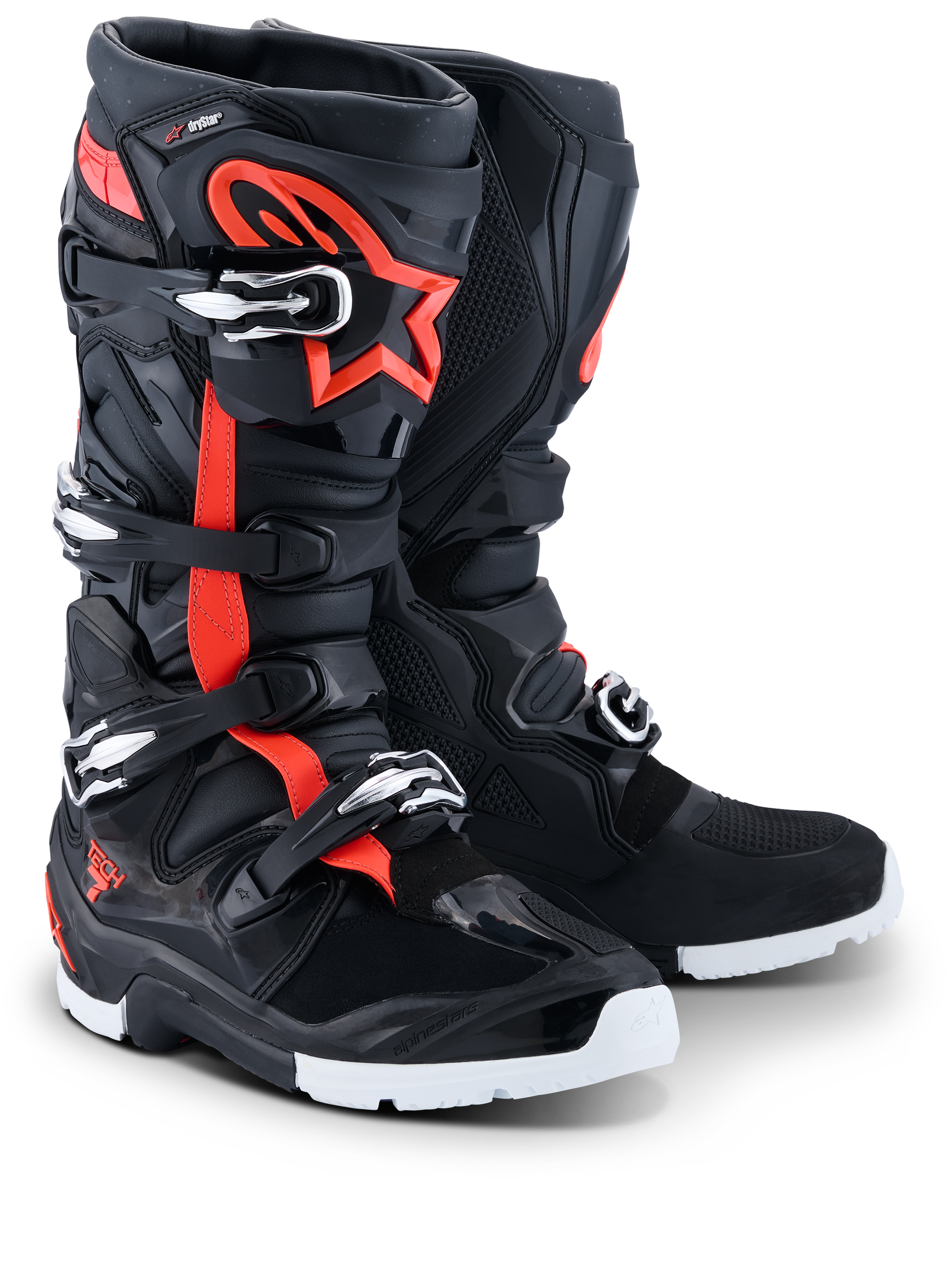 Alpinestars 2026 Tech 7 Enduro Drystar® stövlar, enduro- och motocross-stövlar, svarta med fluorescerande röda accenter och stjärnlogotyp, flera spännen och hållbara vita sulor för terrängkörning