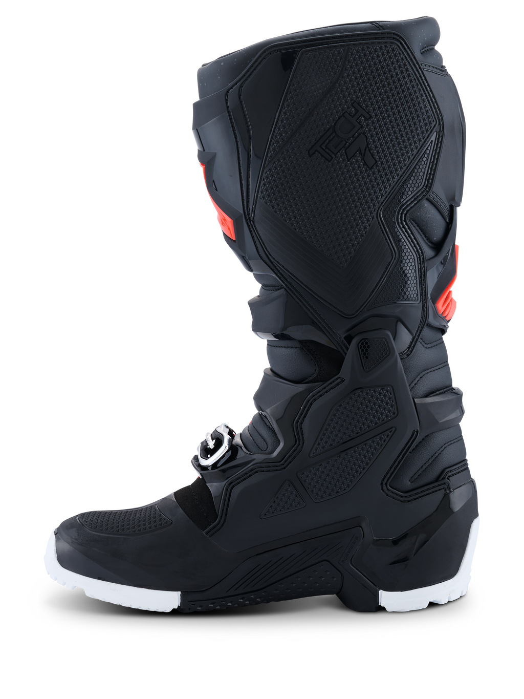 Alpinestars 2026 Tech 7 Enduro Drystar®-stövlar, enduro- och motocross-stövlar, svarta med röd fluo och vita detaljer, sidoprofil som framhäver den mediala TPU-greppanelen med bikakestruktur och den vita sulan, hållbar vattentät konstruktion för offroad-prestanda
