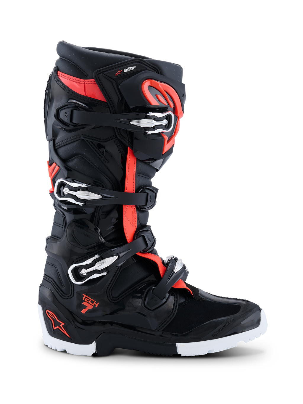 Alpinestars 2026 Tech 7 Enduro Drystar® stövlar, motocross- och endurostövlar, svarta, fluoröda och vita, sidoprofil som visar fyra silver- och svarta spännen, TPU-förstärkt skal och robust endurospecifik vit och svart sula, med Drystar-branding och Tech 7-logotyp