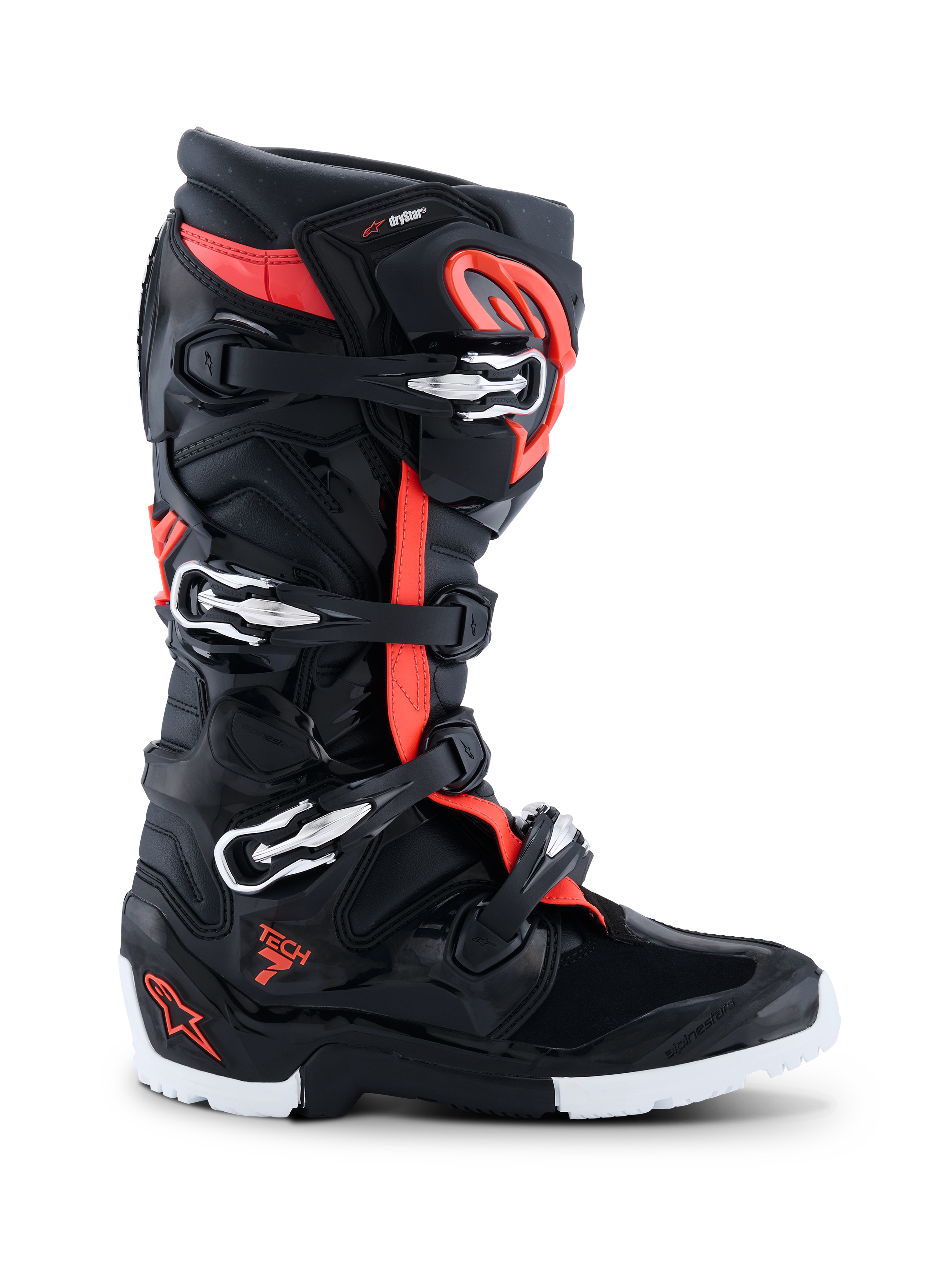 Alpinestars 2026 Tech 7 Enduro Drystar® stövlar, motocross- och endurostövlar, svarta, fluoröda och vita, sidoprofil som visar fyra silver- och svarta spännen, TPU-förstärkt skal och robust endurospecifik vit och svart sula, med Drystar-branding och Tech 7-logotyp