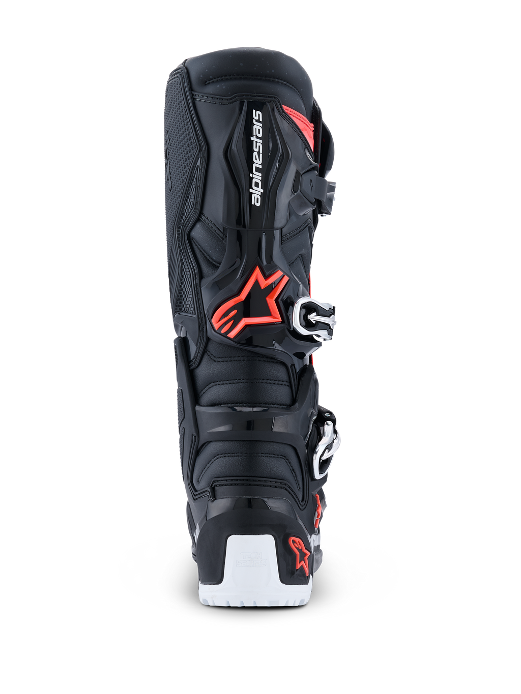 Alpinestars 2026 Tech 7 Enduro Drystar®-stövlar, enduro-stövlar för motocross, svart, röd fluo och vit, vy bakifrån som framhäver TPU-skyddsskalet, Alpinestars-logotypen, det biomekaniska pivotområdet och vit förstärkning på den nedre sulan.