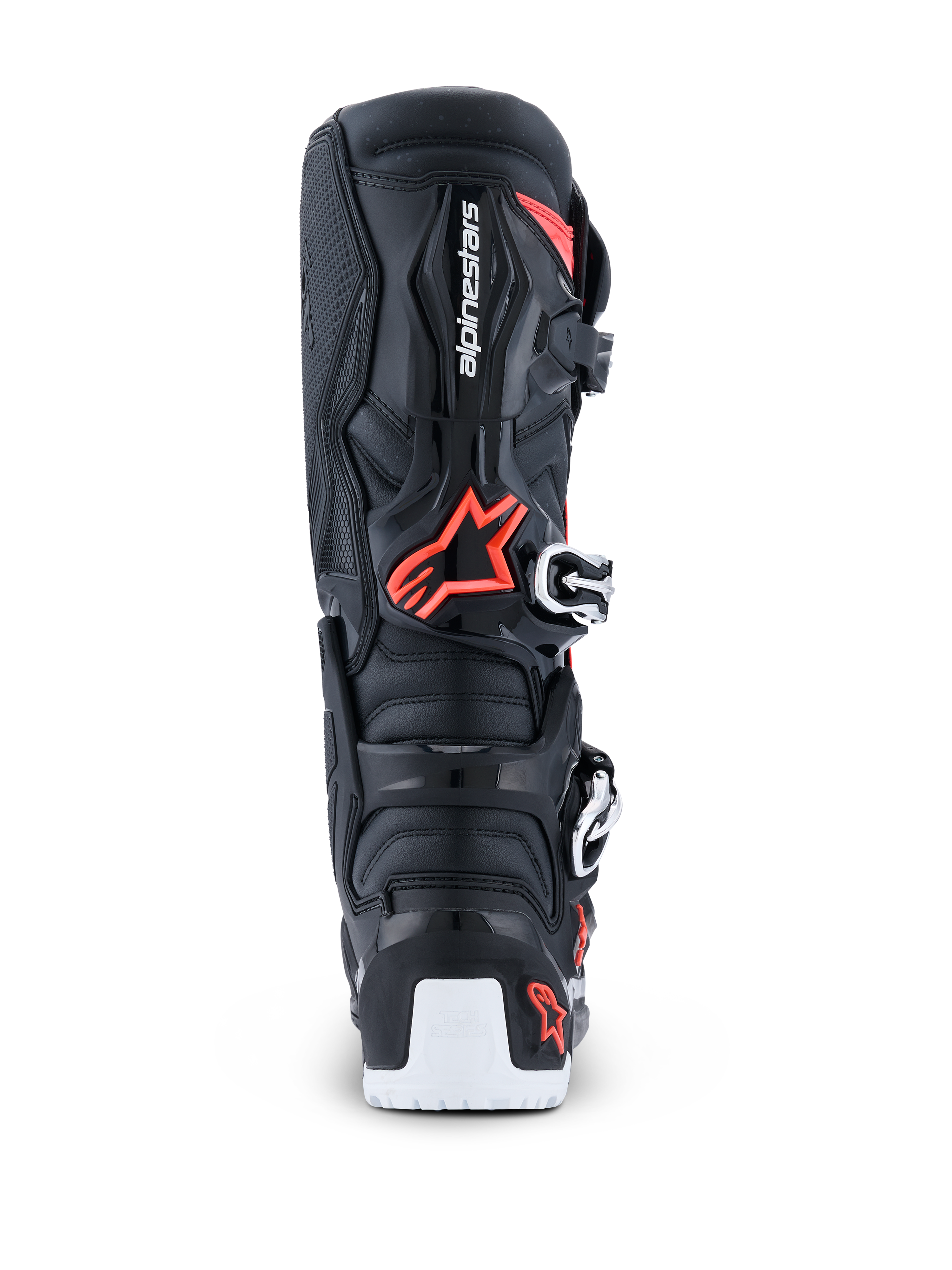 Alpinestars 2026 Tech 7 Enduro Drystar®-stövlar, enduro-stövlar för motocross, svart, röd fluo och vit, vy bakifrån som framhäver TPU-skyddsskalet, Alpinestars-logotypen, det biomekaniska pivotområdet och vit förstärkning på den nedre sulan.