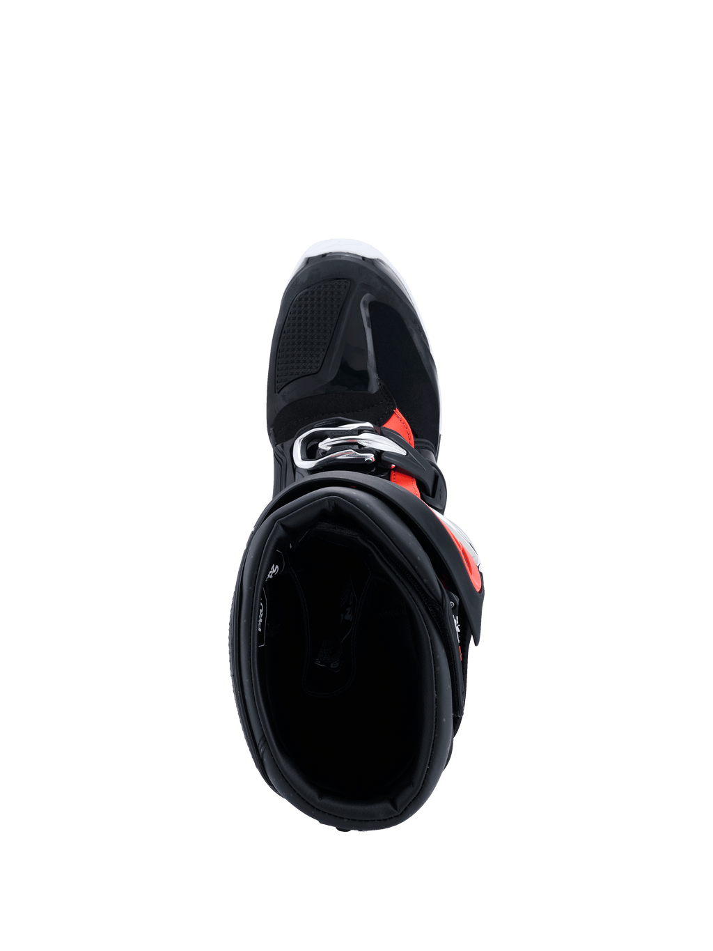 Alpinestars 2026 Tech 7 Enduro Drystar®-stövlar, svart röd fluo vit, vy uppifrån ner i stövelkragen som visar den breda instegsöppningen och den inre vadderingen, skyddande enduro-stövlar för terrängkörning
