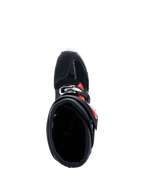 Alpinestars 2026 Tech 7 Enduro Drystar®-stövlar, svart röd fluo vit, vy uppifrån ner i stövelkragen som visar den breda instegsöppningen och den inre vadderingen, skyddande enduro-stövlar för terrängkörning