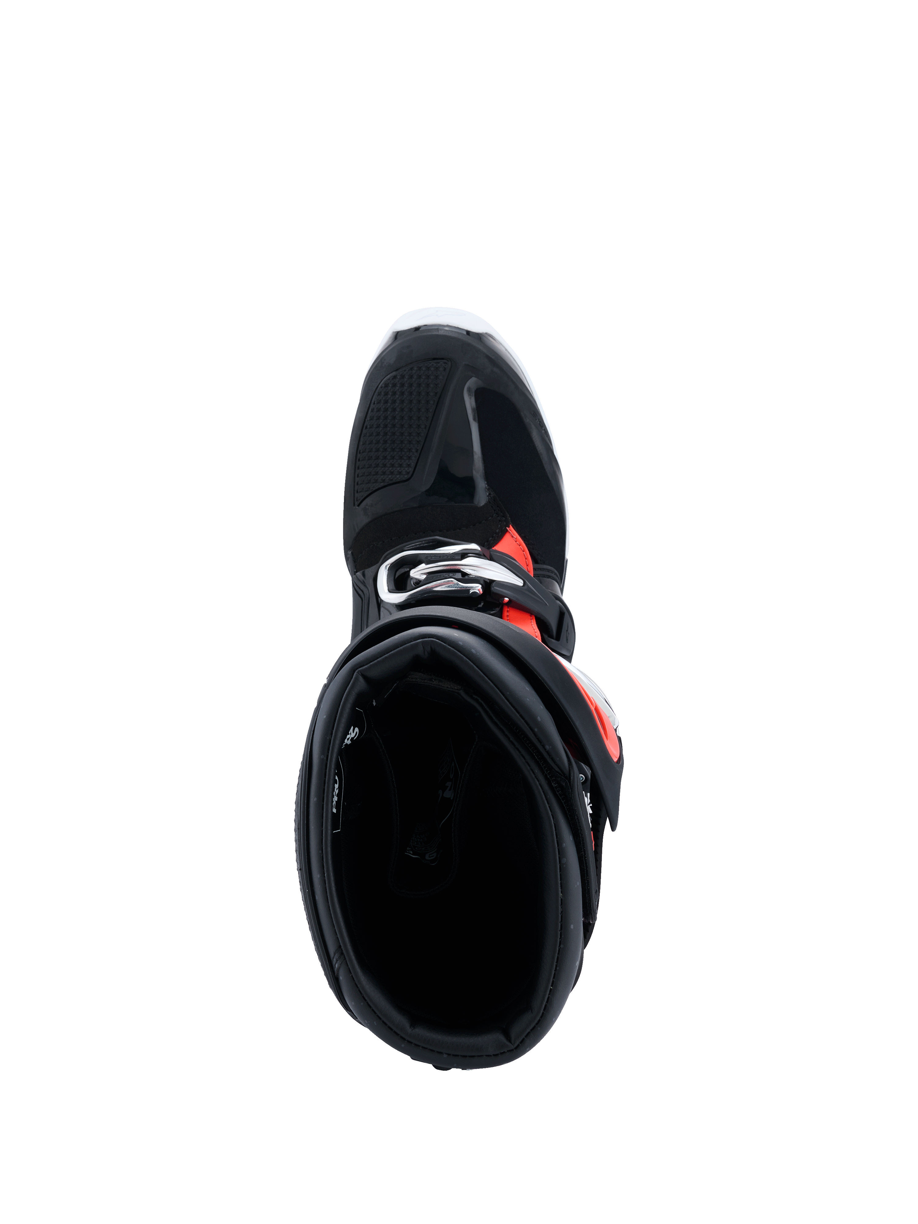 Alpinestars 2026 Tech 7 Enduro Drystar®-stövlar, svart röd fluo vit, vy uppifrån ner i stövelkragen som visar den breda instegsöppningen och den inre vadderingen, skyddande enduro-stövlar för terrängkörning
