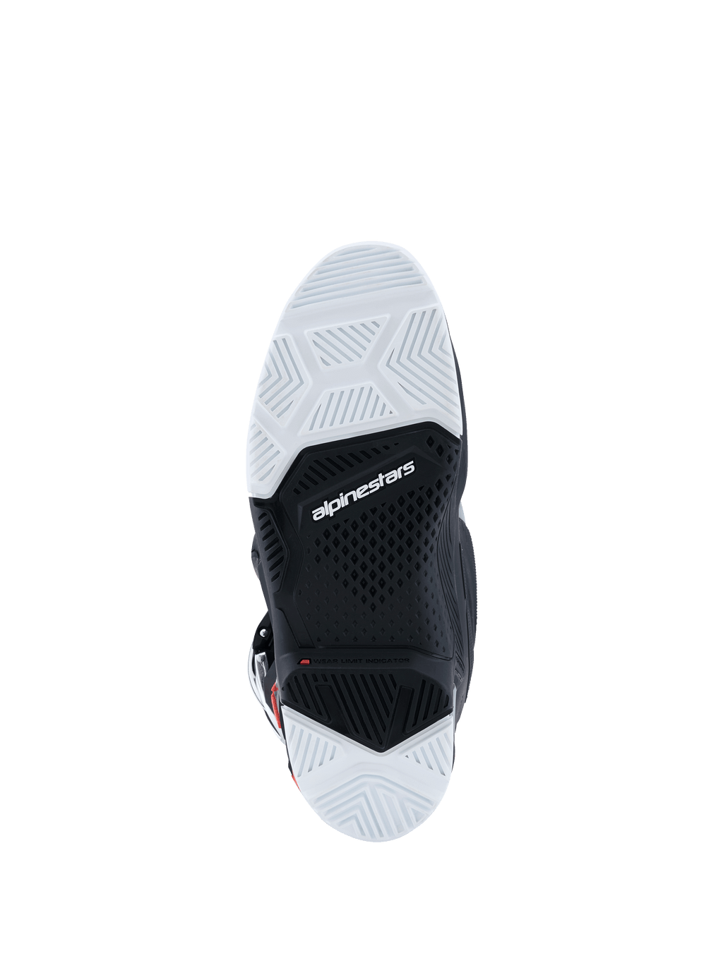 Alpinestars 2026 Tech 7 Enduro Drystar®-stövlar, vy av undersulan, svart och vit gummiblandning med dubbel densitet, texturerade geometriska greppmönster, Alpinestars-logotyp och slitageindikator, designade för grepp vid terräng- och endurokörning