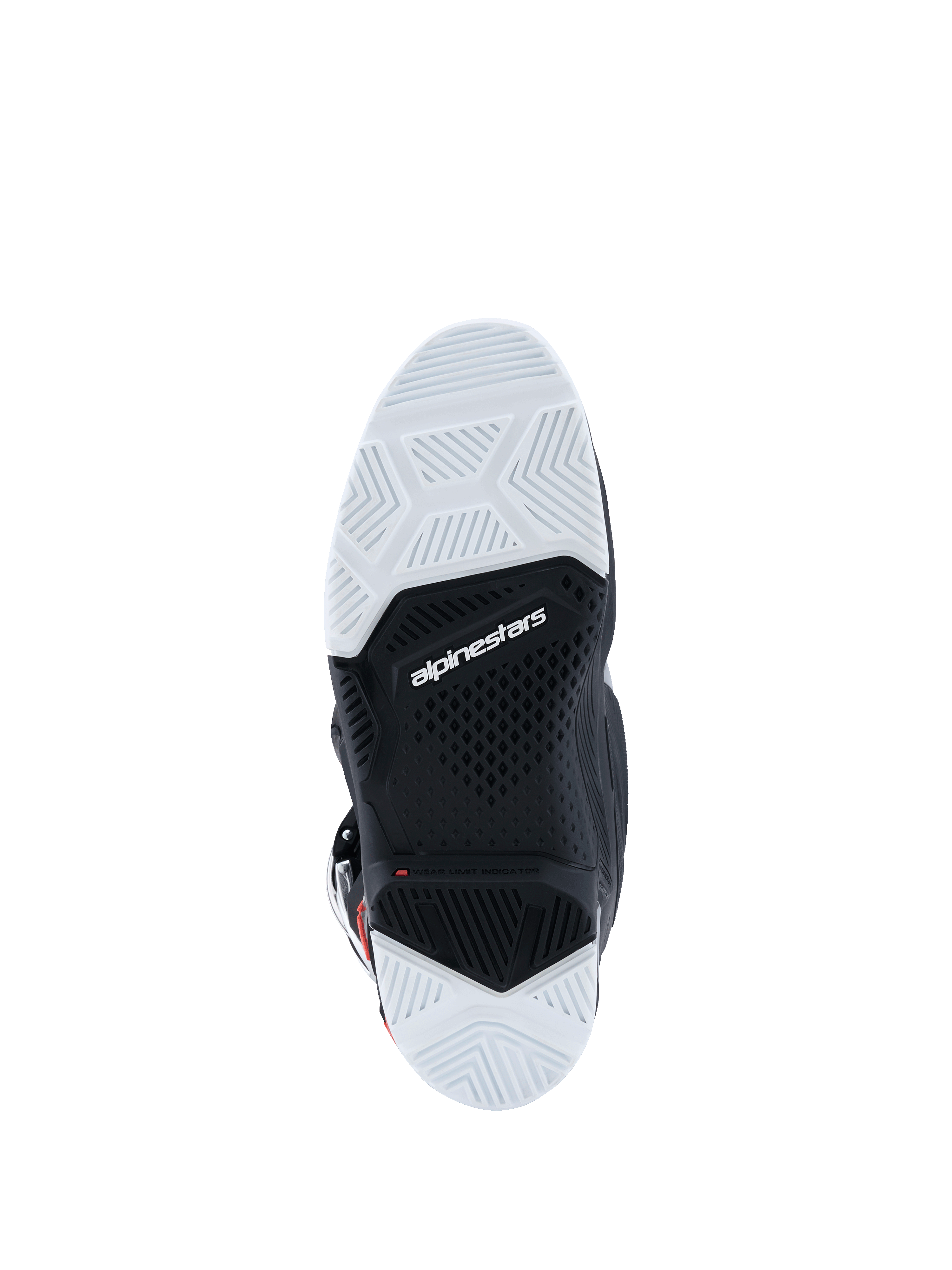 Alpinestars 2026 Tech 7 Enduro Drystar®-stövlar, vy av undersulan, svart och vit gummiblandning med dubbel densitet, texturerade geometriska greppmönster, Alpinestars-logotyp och slitageindikator, designade för grepp vid terräng- och endurokörning